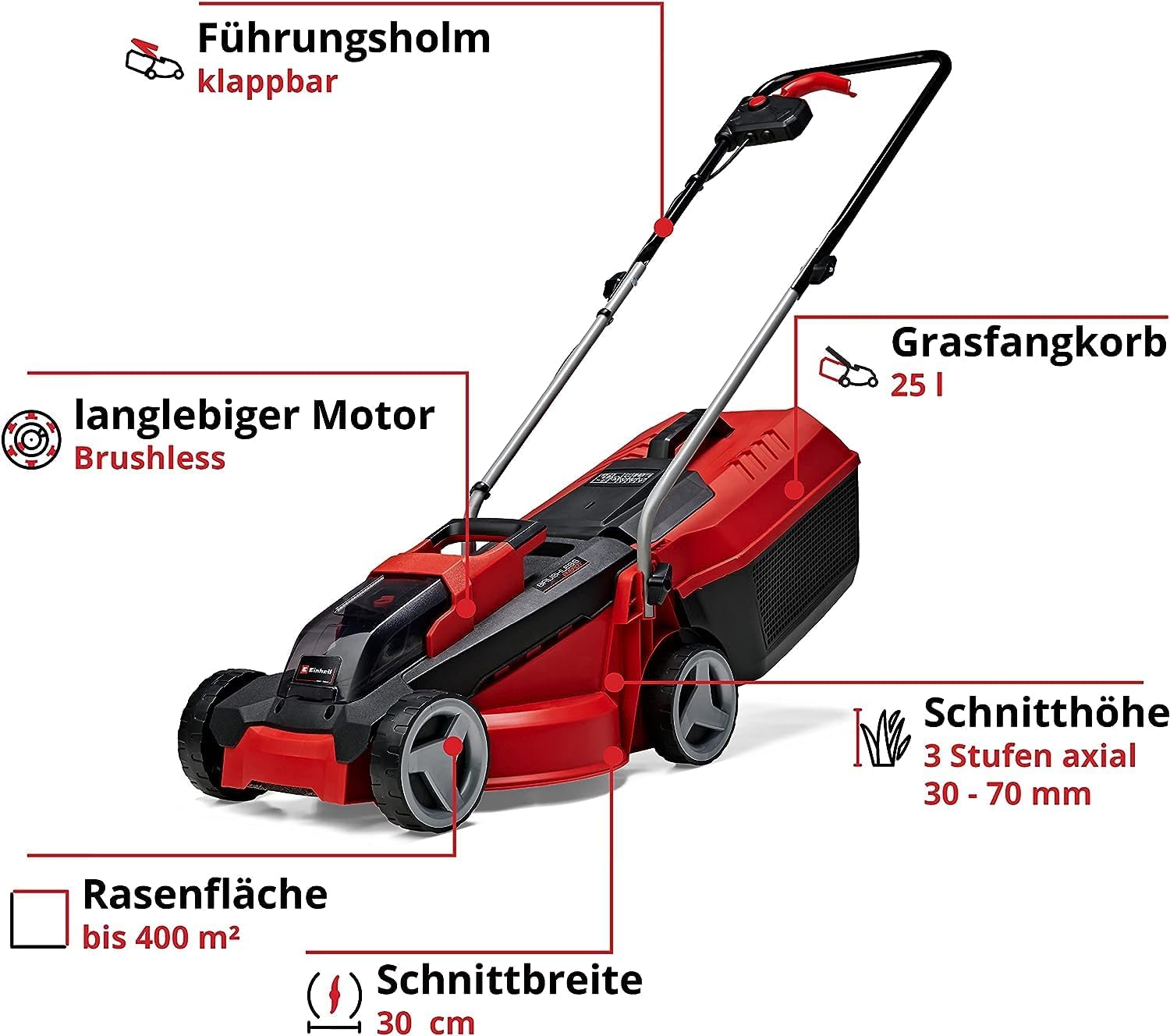 Einhell City Akku-Rasenmher GE-CM 18/30 Li Kit Power X-Change (18 V, 30 cm Schnittbreite, bis 150 m, Brushless, 25L Fangkorb, 30-70 mm Schnitthhe, inkl. 3,0 Ah Akku + Ladegert)