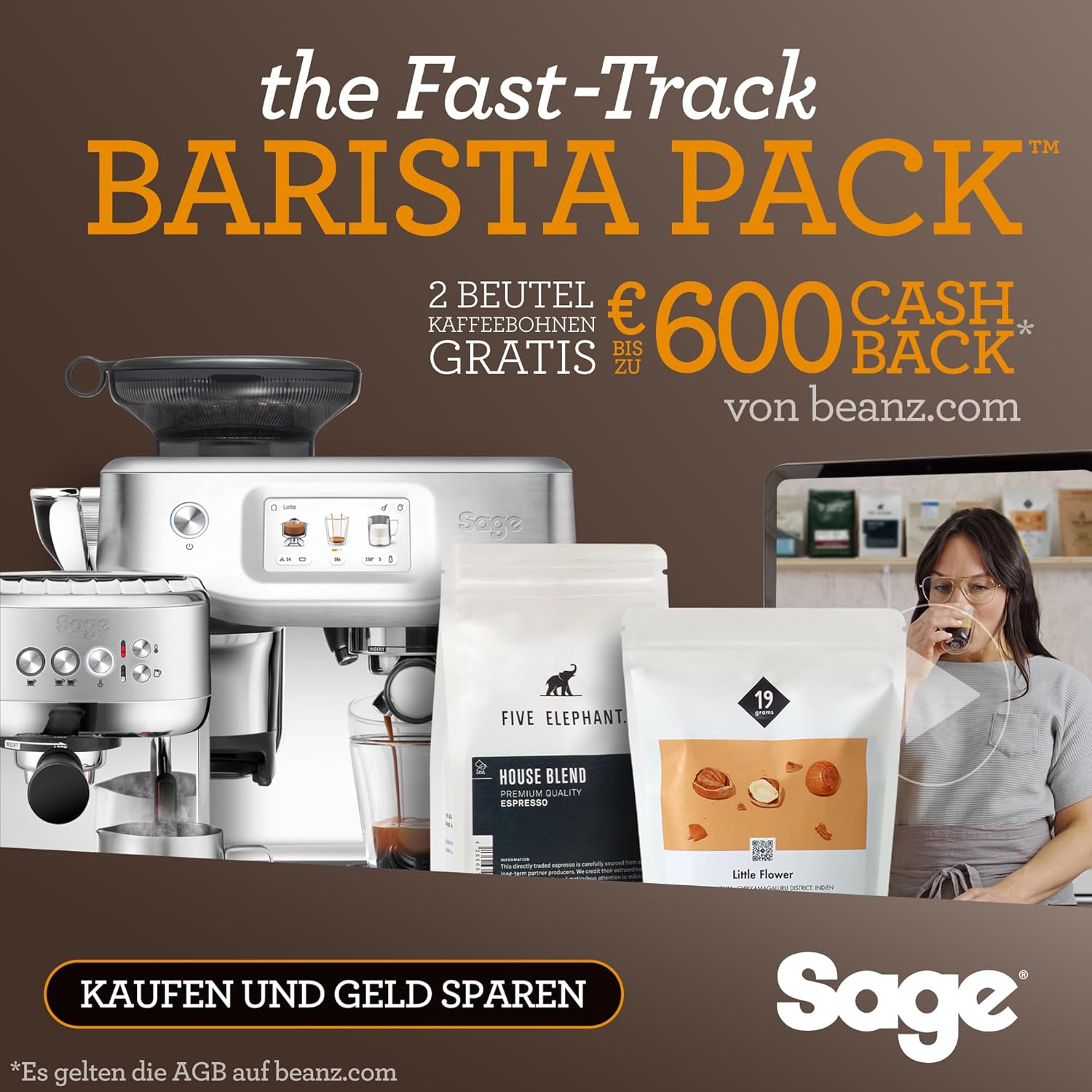 Sage - The Barista Express - Kaffeemaschine mit manuellem Milchaufschäumer & integriertem Mahlwerk - 16 Mahlgradeinstellungen, automatisches Mahlen, individueller Milchschaum - Schwarzer Trüffel