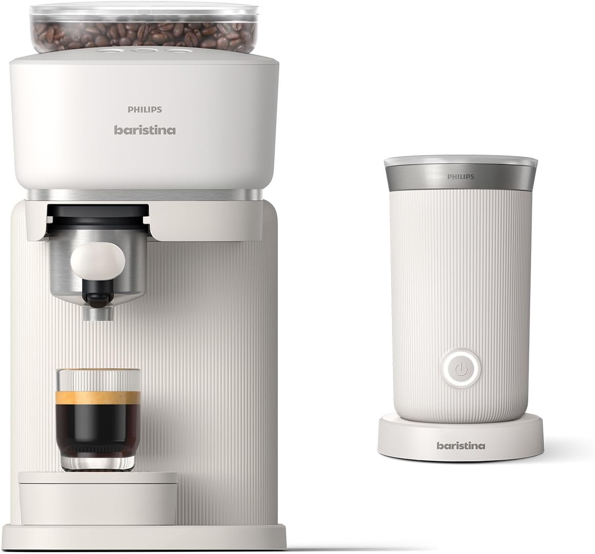 Philips Baristina Espressomaschine - Real Espresso- made simple. Kompakte Kaffeemaschine- Naturweiß mit weißem Siebträger- 16-bar-Pumpendruck- automatisches Mahlwerk- Cafe Crema (BAR300/00)