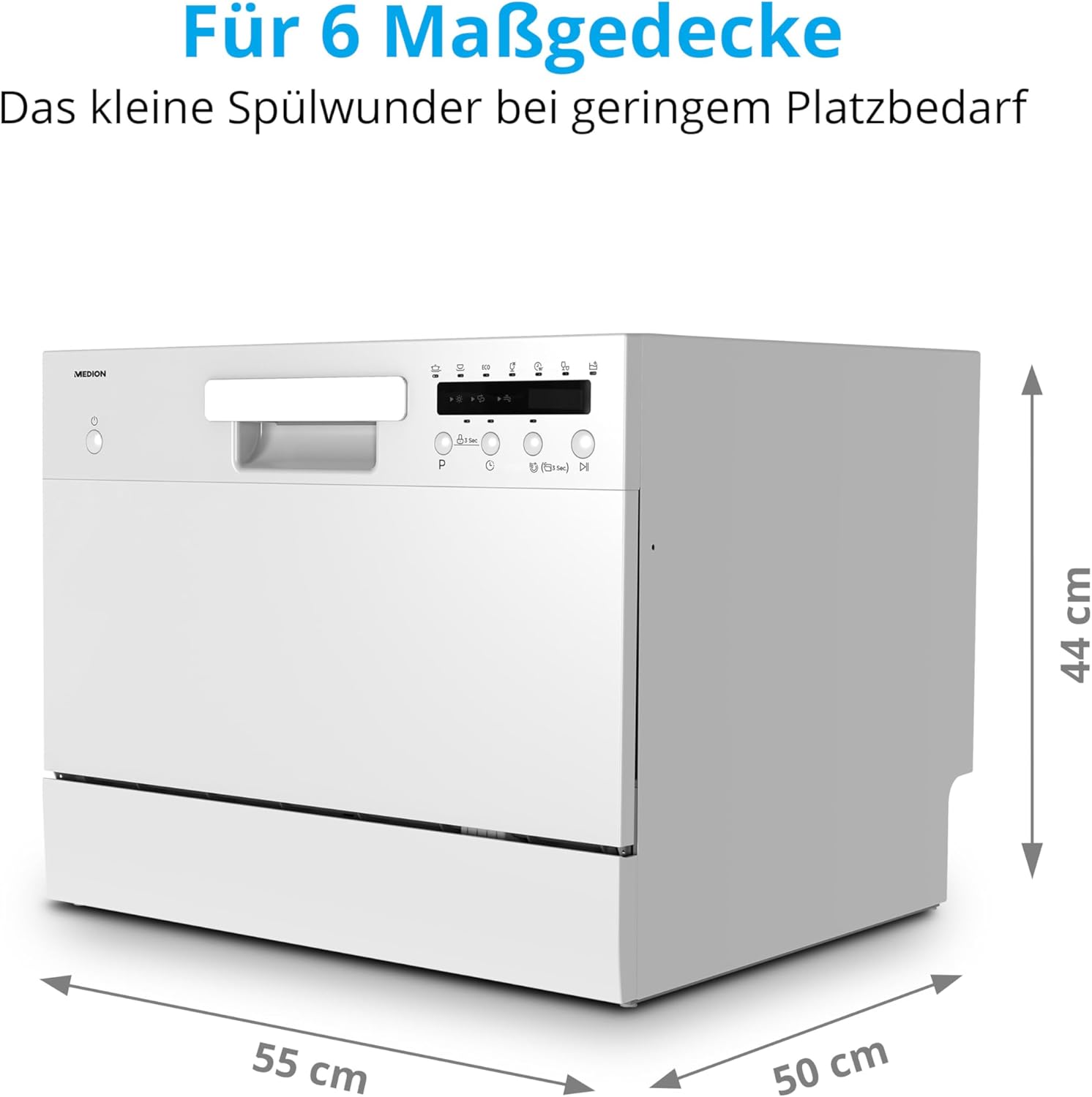 MEDION Tischgeschirrspüler DWT60 (6 Gedecke Fassungsvermögen, 7 Programme, ECO Programm, ca. 6,5 Liter Verbrauch, AquaStop, LED Display, Kindersicherung, MD37496) silber