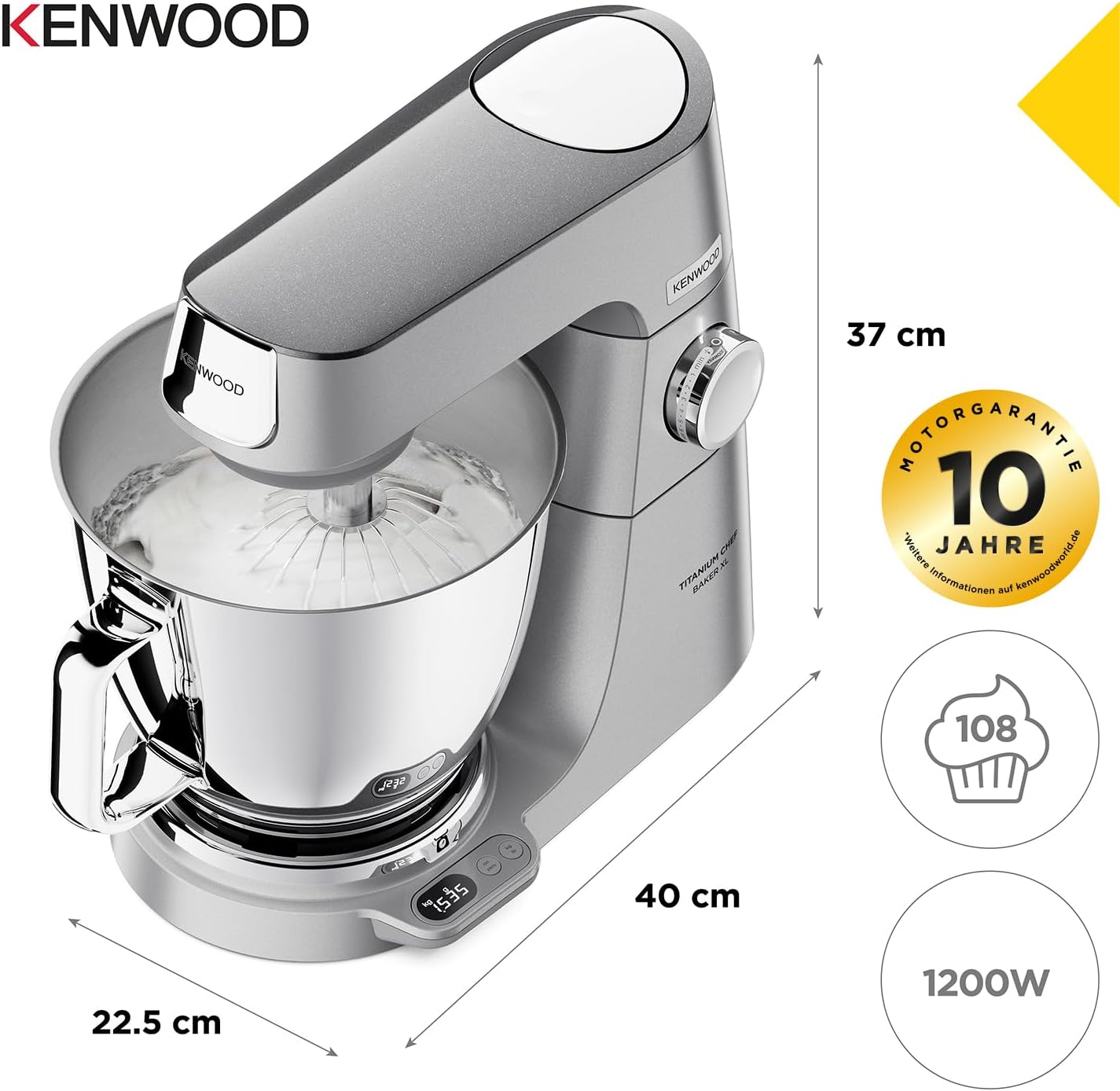 Kenwood Titanium Chef Baker KVL85.424SI Küchenmaschine mit integrierter Waage, inkl. 4-teiligem Patisserie-Set, 7 L und 5L Rührschüssel, stufenloser Geschwindigkeitsregler, 1200 W, Silber