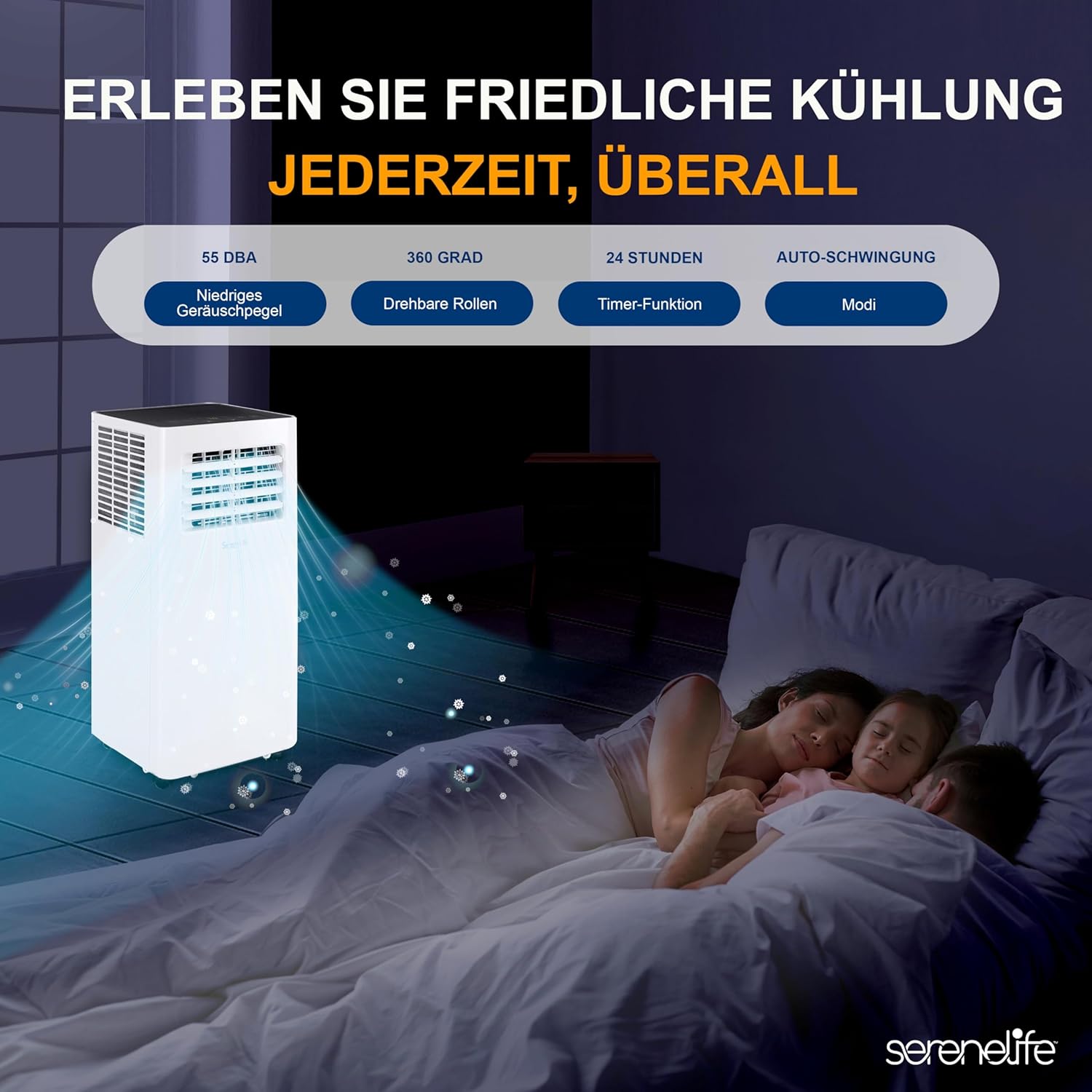SereneLife 3-in-1 Mobile Klimaanlage mit Abluftschlauch – Klimagerät als Luftkühler, Ventilator & Luftentfeuchter– Mini Klimaanlage für Räume bis zu 28 m2 – Luftkühler für Zuhause & Büro 10,000 BTU