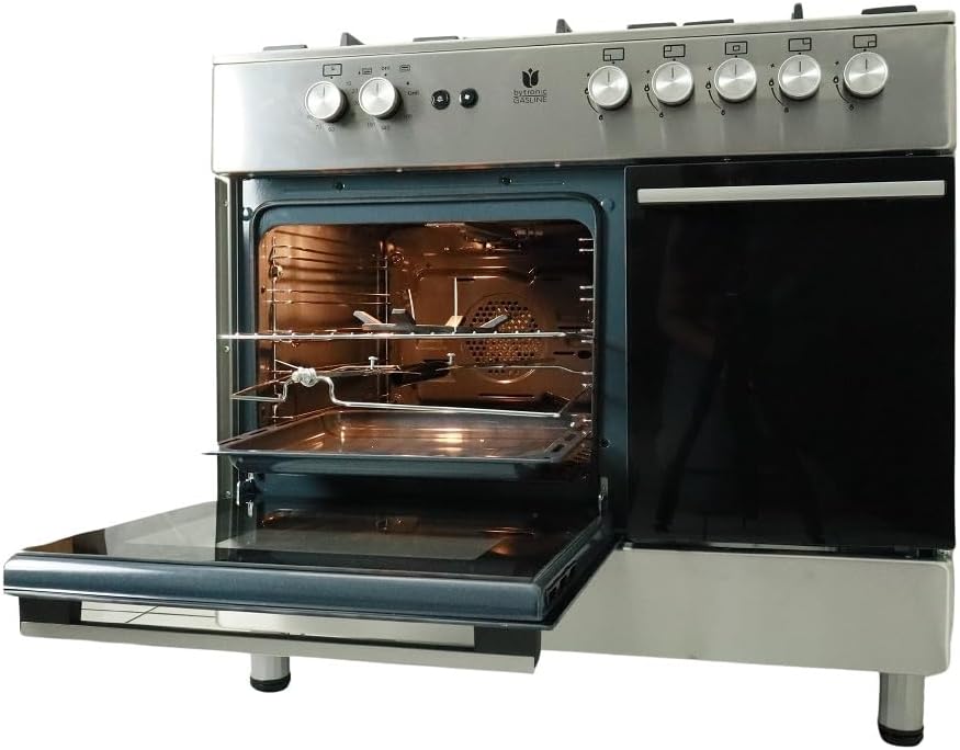 Gasline Gas Standherd mit Flaschenschrank 90cm GAG90GOXFL, 5 Flammig Sabaf-Brenner, Elektrische-Zündung und Vollzündsicherung Propan LPG…