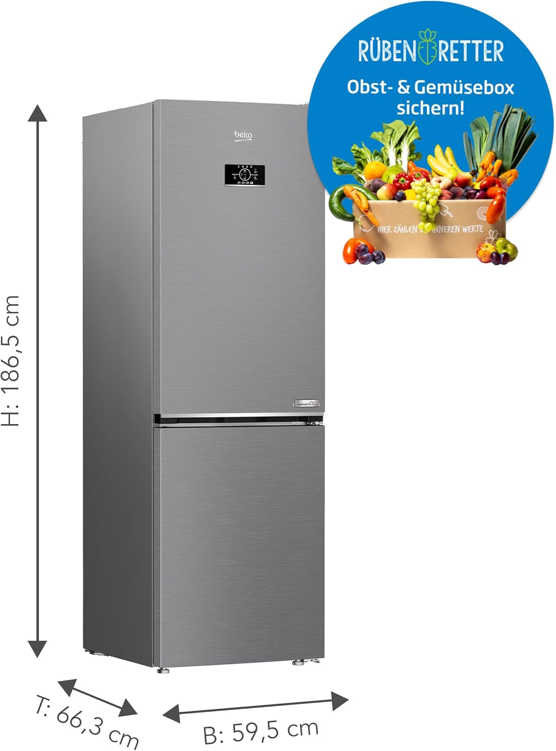 Beko RCNE366E70ZXBRN bPRO700 freistehende Kühl-/Gefrierkombination, großer Kühlschrank, 323 l Gesamtrauminhalt, HarvestFresh, NoFrost, leise, SmoothFit, 0°C-Zone, Dark Inox