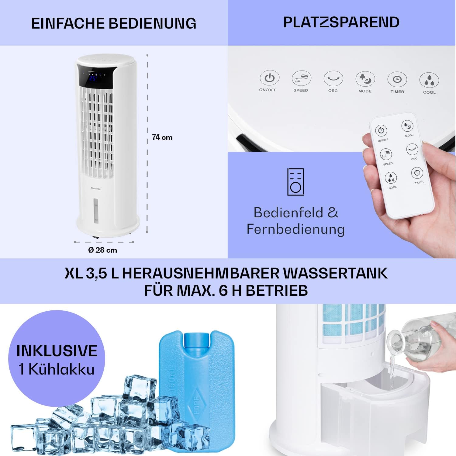 Klarstein Luftkühler mit Wasserkühlung, 4-in-1 Raumkühler, Luftbefeuchter, Ventilator & Nachtmodus, Mobile Klimageräte Luftkühler mit 3,5L Tank & Timer, 60W Air Cooler mit 486 m³/h Luftstrom