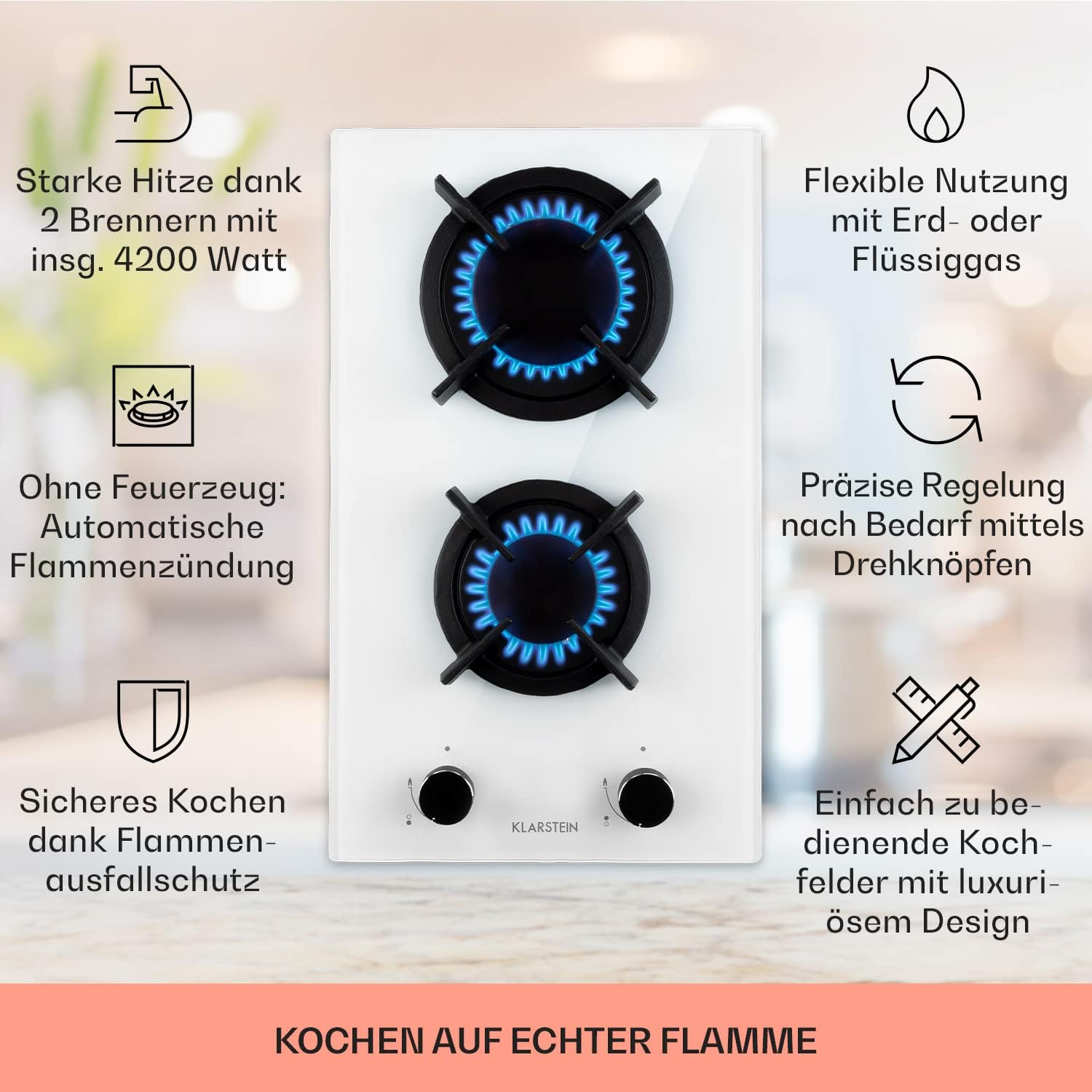 Klarstein Gasherd, Gaskochfeld 4 Flammig, Einbau-Gaskocher für Zuhause & Wohnmobil, Campingkocher mit Glasplatte, Gasherd für Propan- und Erdgas, Edelstahl Gas-Herdplatte Wok Brenner 8000 Watt