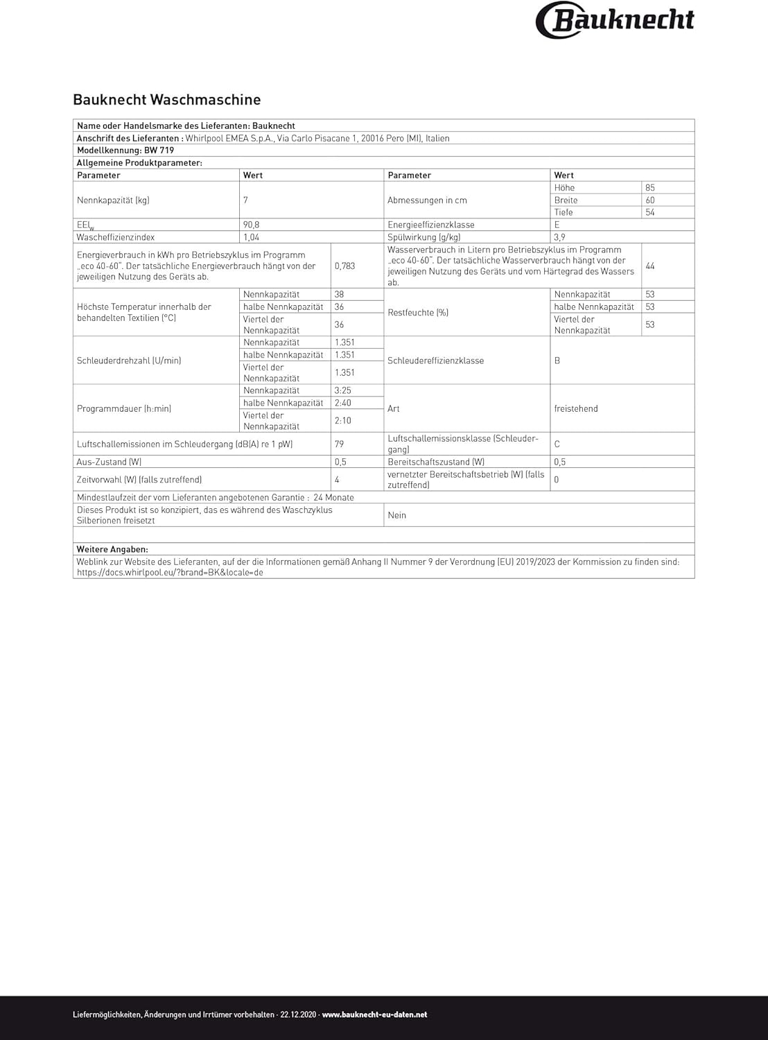 Bauknecht BW 719 A Waschmaschine Frontlader/ 7kg/ EEK A/kraftvolle Fleckentfernung/Kurz 45 / Clean Plus/Kurz 30 / Anti-Allergie Plus/Mengenautomatik/Option Extra Touch/Dynamic Inverter Motor, Weiß