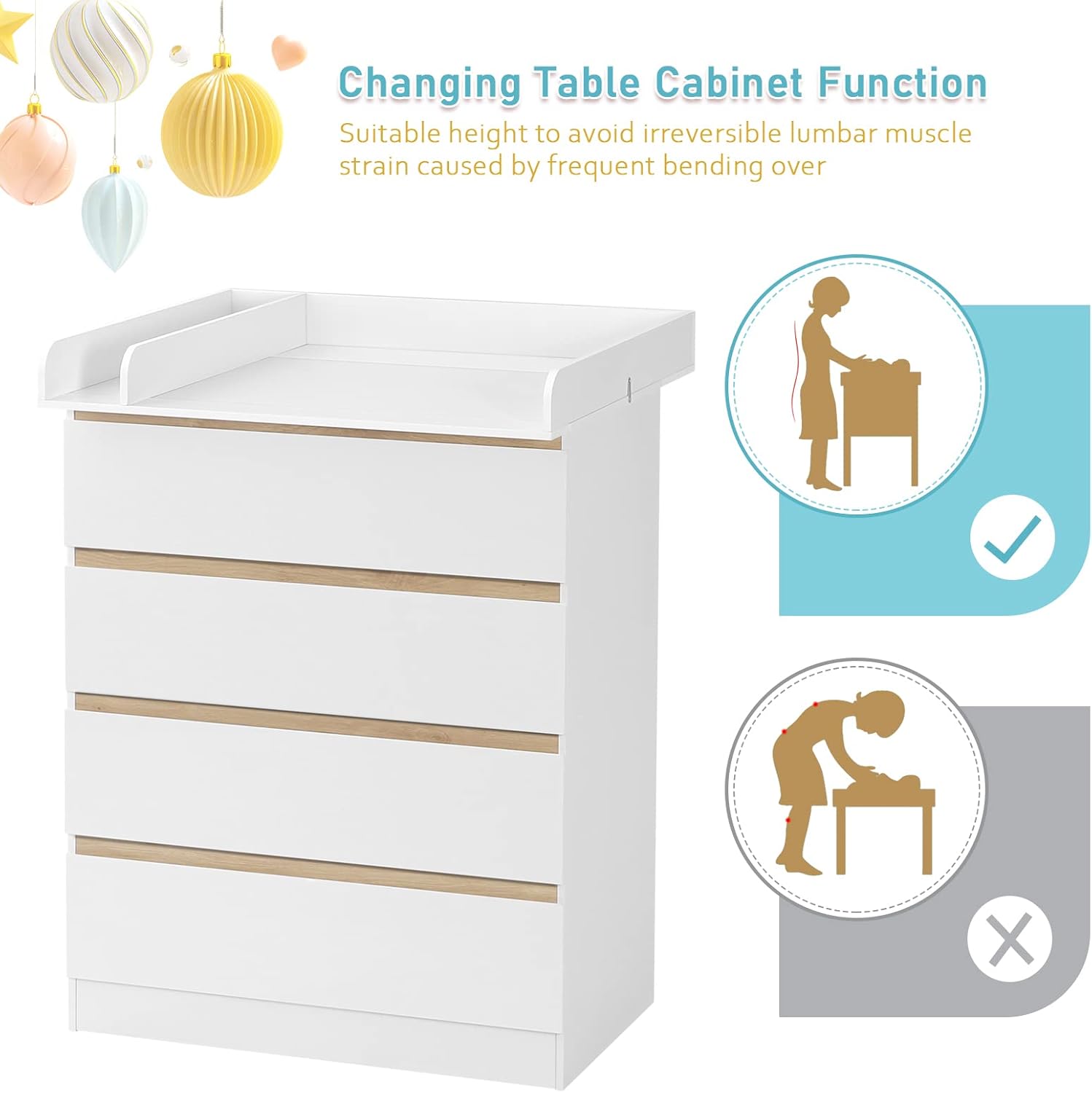 WOLTU Wickelkommode mit abnehmbarer Wickelaufsatz, Wickeltisch Baby, Wickelregal, Kommode mit 4 Schubladen, Höhe 110 cm, Weiß + Hochglanz Weiß