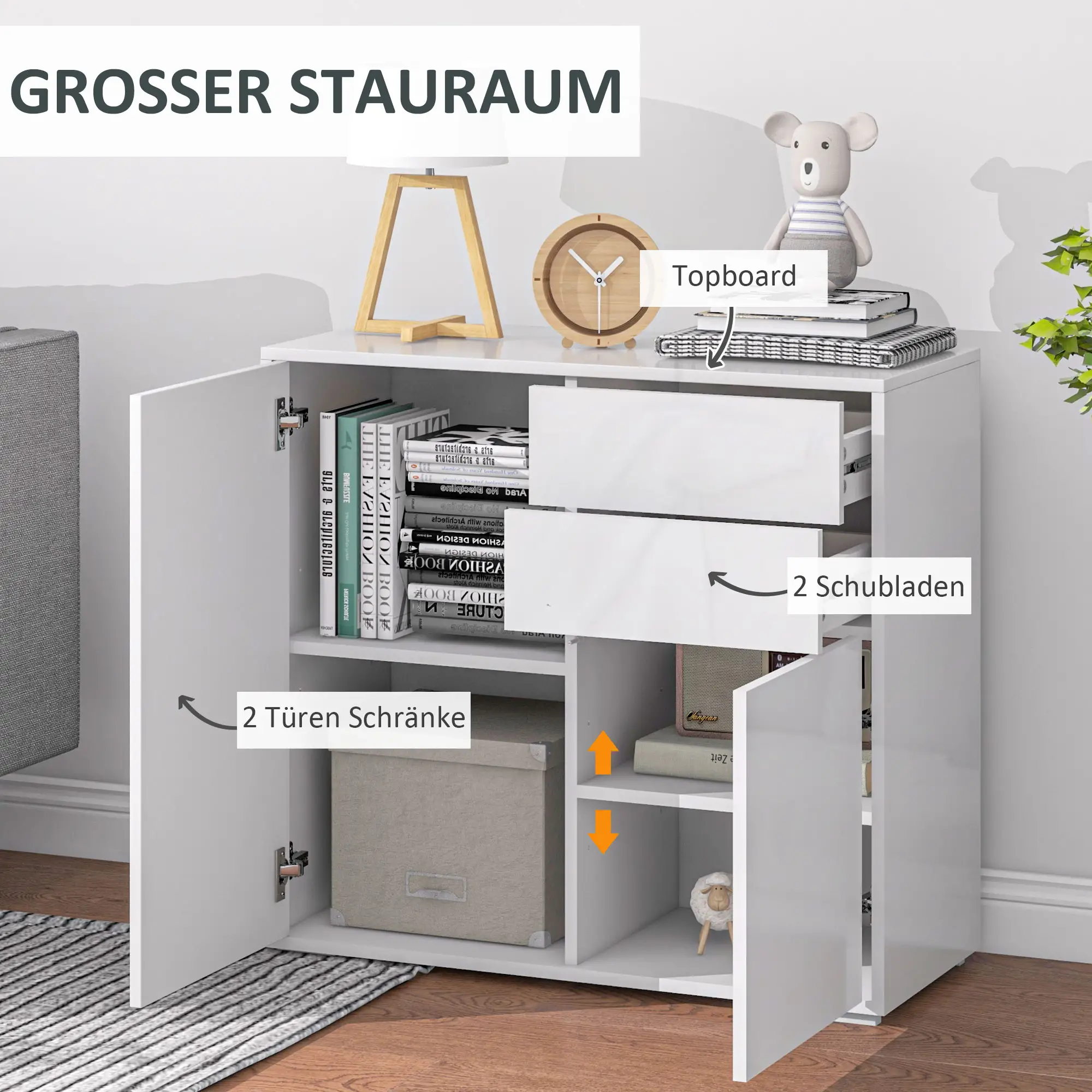 HOMCOM Sideboard Kommode verstellbares Regal Kippsicherung Weiß