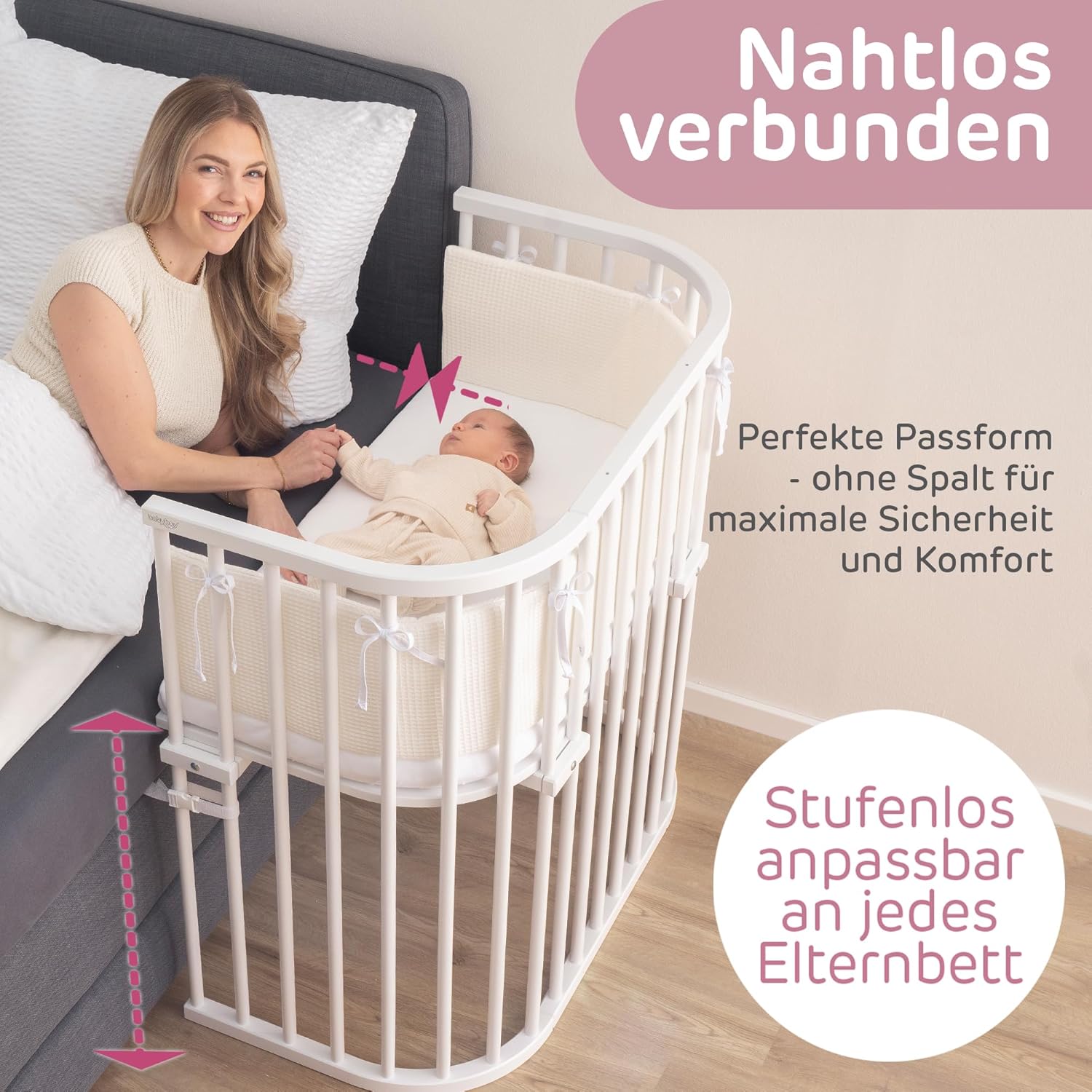 babybay Original Beistellbett aus massivem Buchenholz / kompakt & verwandelbar / Kinderbett Höhe stufenlos verstellbar & umweltfreundlich / mitwachsendes Babybett (weiß lackiert) / inkl. Matratze
