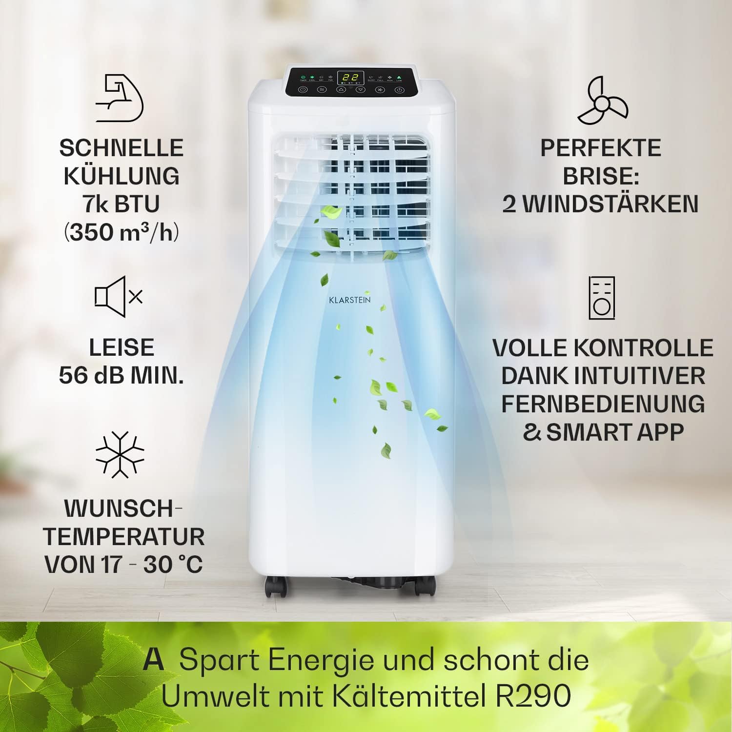Klarstein Klimaanlage, 4-in-1 Klimagerät, Entfeuchter, Ventilator & Nachtmodus, Mobile Klimaanlage mit Abluftschlauch, App-Steuerung, Air Conditioner für Räume bis 44 m², 9000 BTU, Weiß