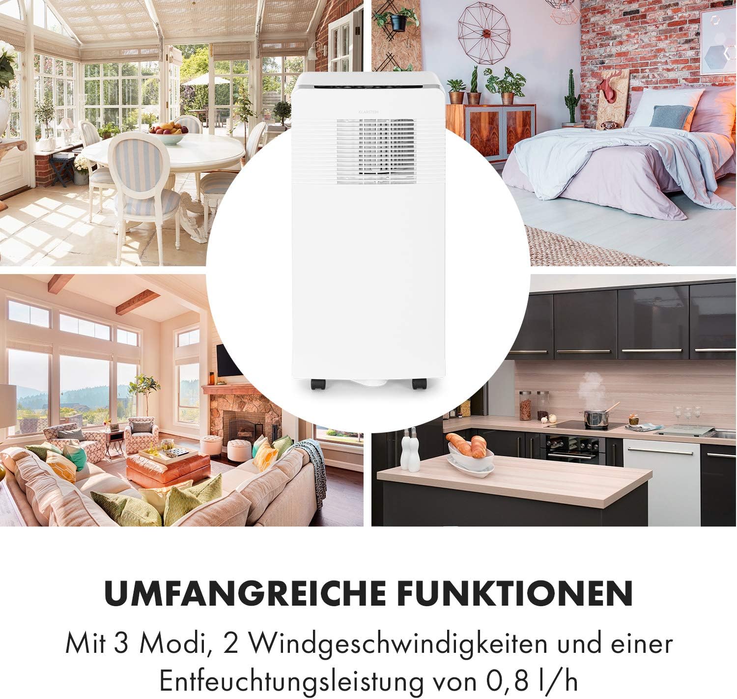 Klarstein Mobile Klimaanlage mit Abluftschlauch, 3-in-1 Klimagerät mit Ventilator, Luftentfeuchter & Nachtmodus, Kleine & Portable Klimaanlage für Wohnung & Büro, 12000 BTU Niedrig Verbrauch