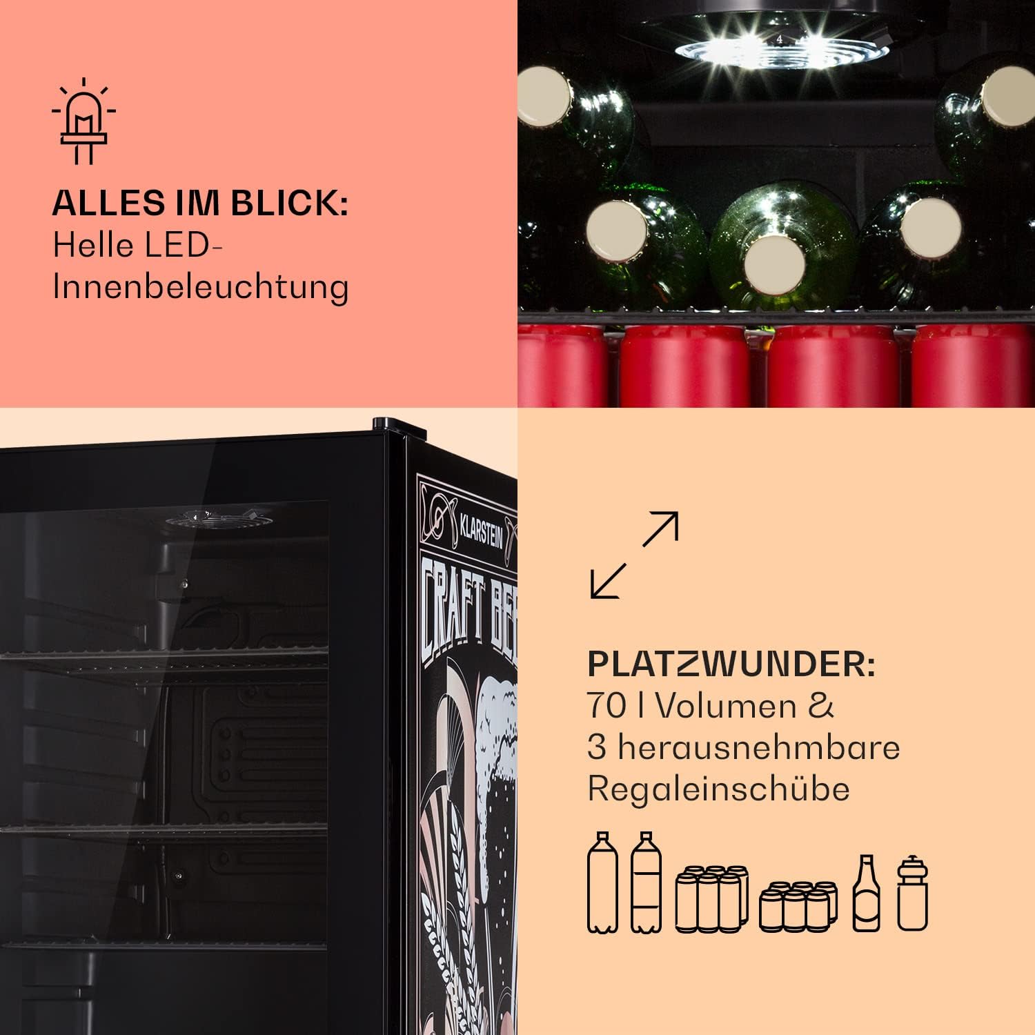 Klarstein Kühlschrank 70L, Kleiner Kühlschrank mit Herausnehmbaren Ablagen, Leiser Mini Kühlschrank mit Glastür & LED, Getränkekühlschrank Klein, Outdoor Geeignet, Biersafe für Flaschen, 0-10°C