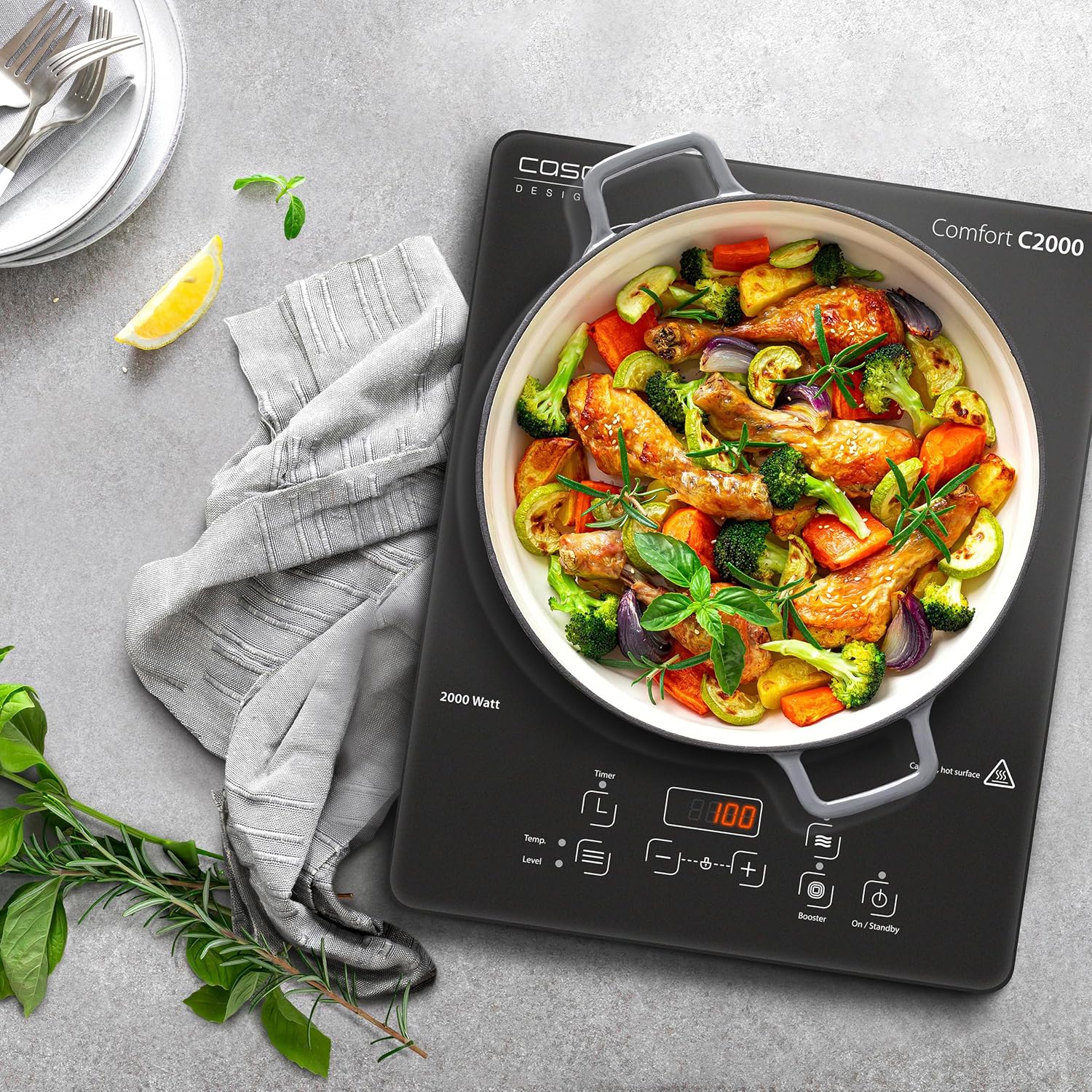 CASO Touch 3500 Induktionskochplatte doppelt mobil, Sicherheitsschalter, 60-240°C, 6 Stufen, Timer 180 Min., Tpfe bis 26 cm, 3500 Watt, Glaskeramik