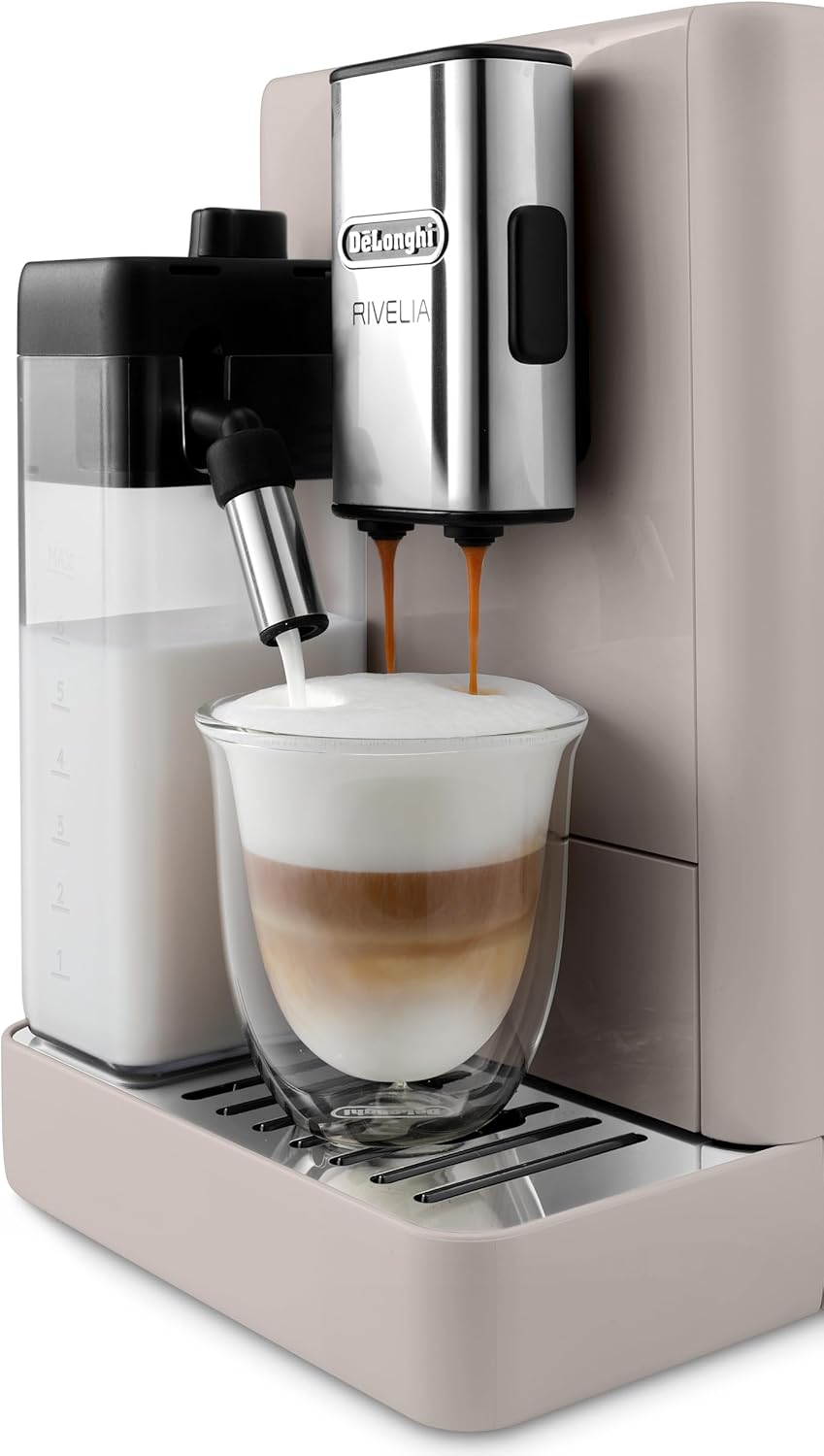 De'Longhi Rivelia EXAM440.55.W Kaffeevollautomat mit LatteCrema Milchsystem, Wechselbarer Bohnenbehälter, 16 Kaffee- & Milchgetränke auf Knopfdruck, Extra-Shot-Funktion, 3,5 Touch-Display, Weiß