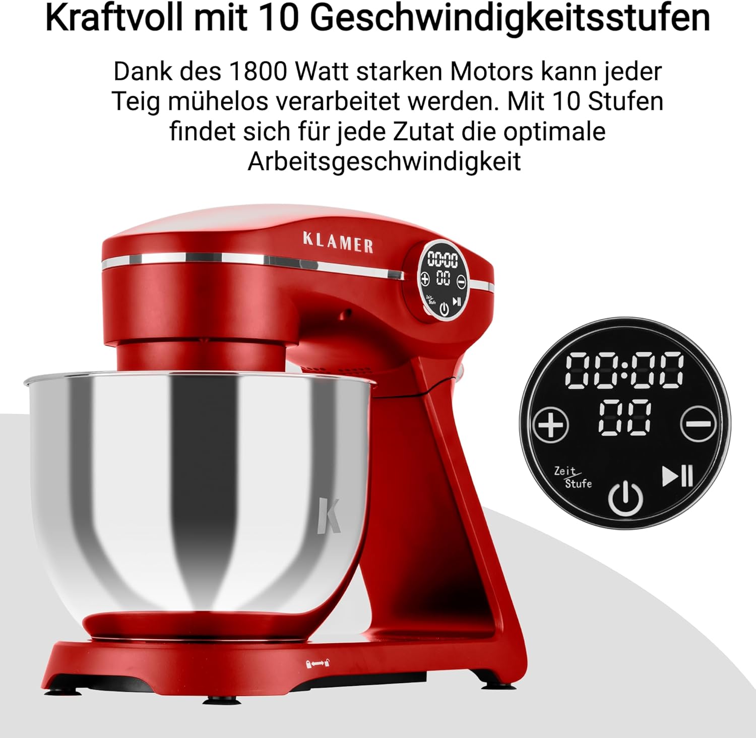 KLAMER Küchenmaschine 1800W, Knetmaschine mit 6 Liter Edelstahl Schüssel, 10 Geschwindigkeitsstufen mit Timer, Rührbesen, Knethaken, Schneebesen und Spritzschutz