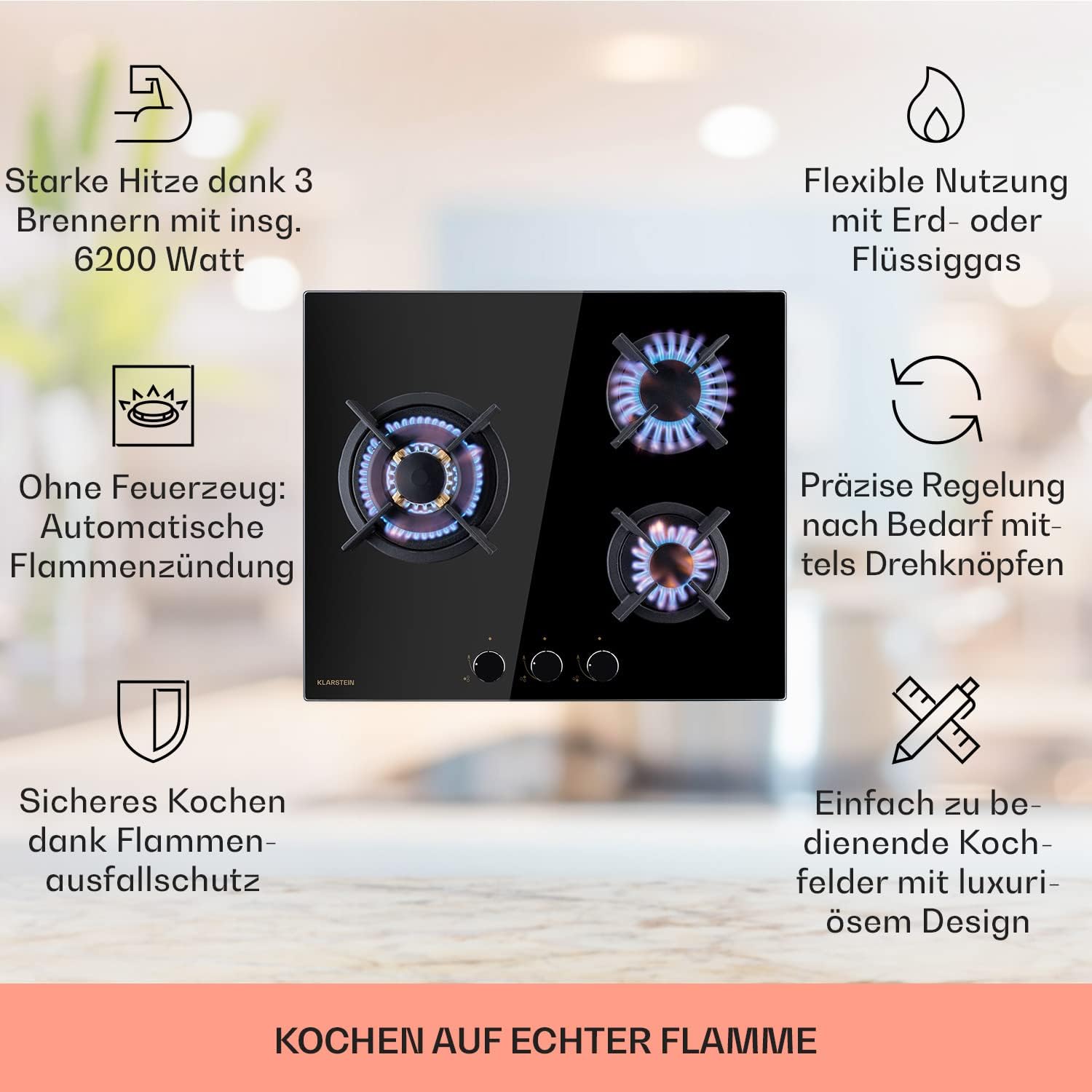 Klarstein Gasherd, Gaskochfeld 4 Flammig, Einbau-Gaskocher für Zuhause & Wohnmobil, Campingkocher mit Glasplatte, Gasherd für Propan- und Erdgas, Edelstahl Gas-Herdplatte Wok Brenner 8000 Watt