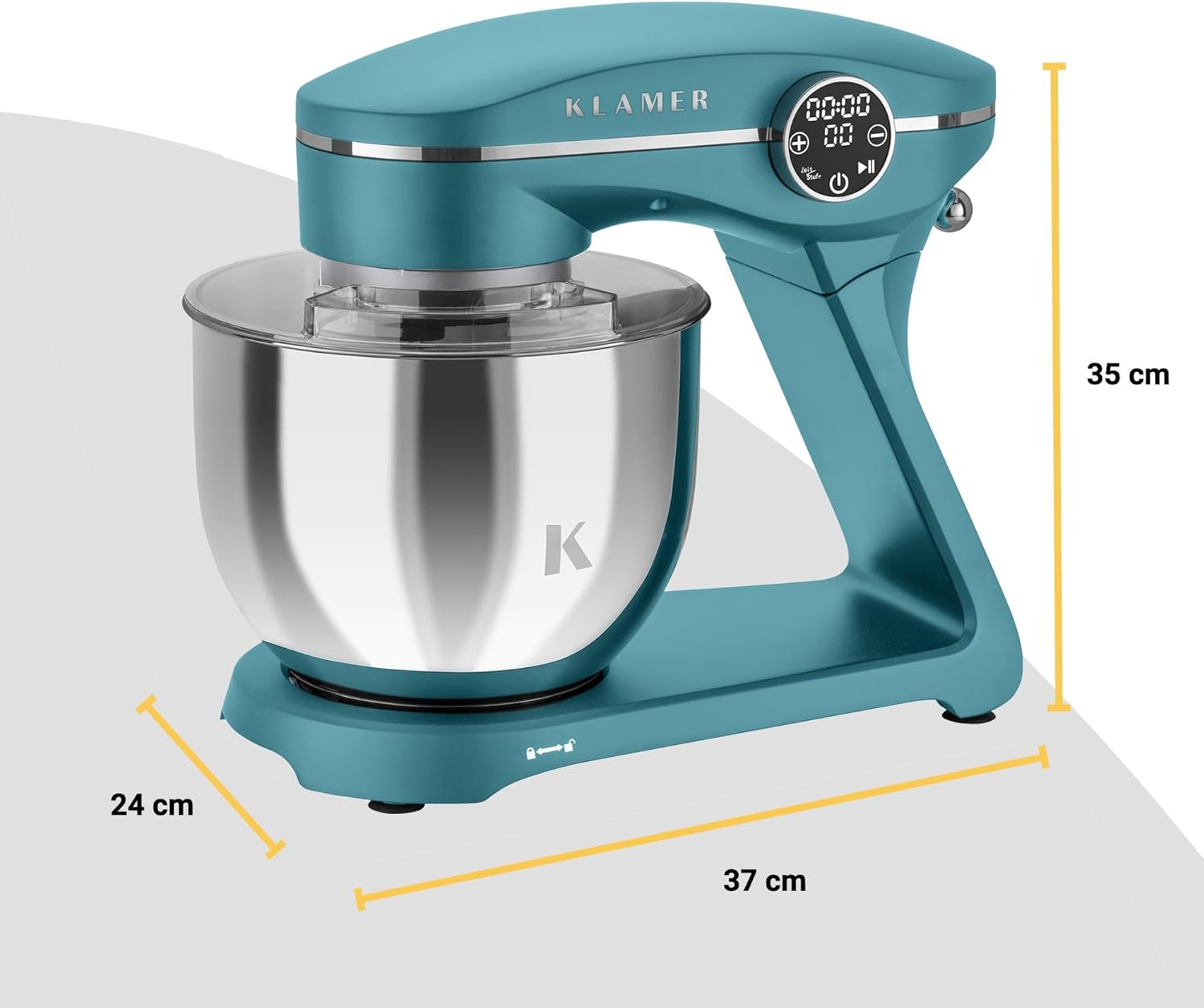 KLAMER Küchenmaschine 1800W, Knetmaschine mit 6 Liter Edelstahl Schüssel, 10 Geschwindigkeitsstufen mit Timer, Rührbesen, Knethaken, Schneebesen und Spritzschutz