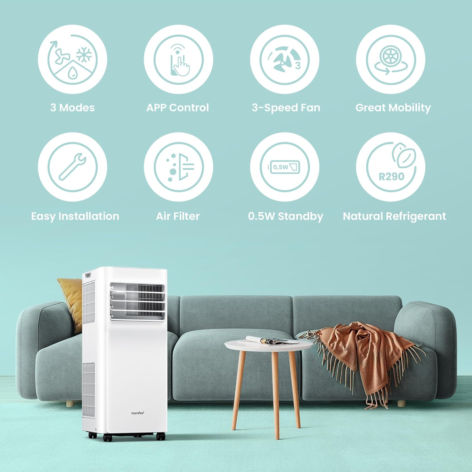 Comfee Mobiles Klimagerät MPPH-09CRN7, 9000 BTU 2,6kW, Kühlen&Ventilieren&Entfeuchten, Raumgröße bis 88m³(33㎡), Mobile Klimaanlage mit Abluftschlauch