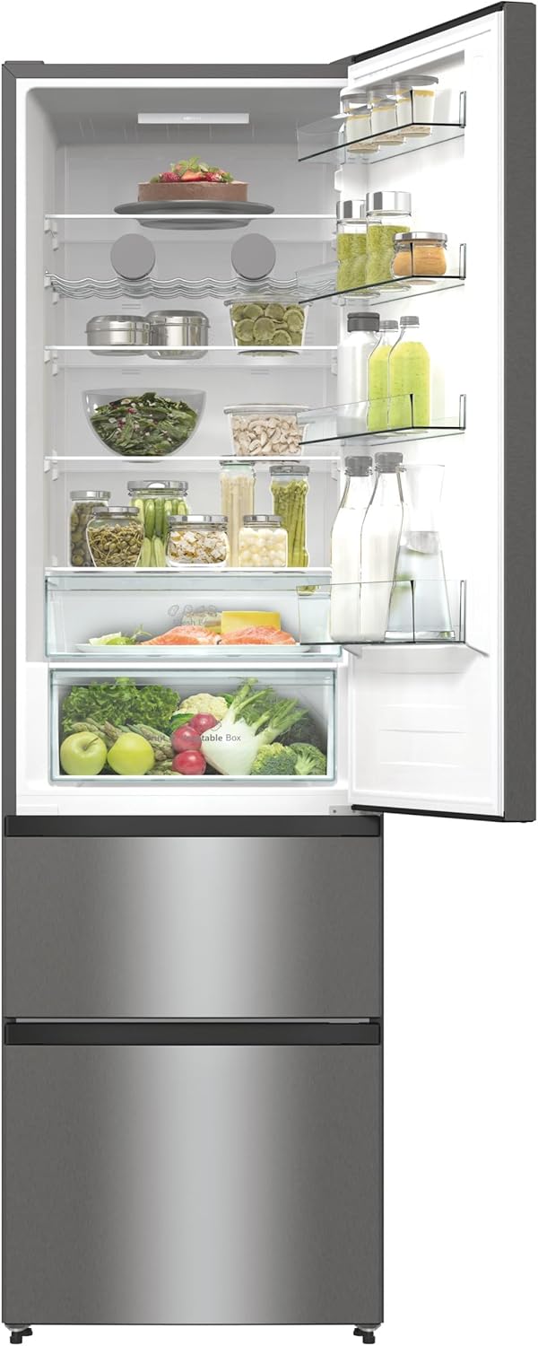 Hisense RB327N4AD2 Kühl-Gefrierkombination/ NoFrostPlus/ Multiflow 360°/ HolidayMode/ FreshZone/ 182,4 cm/ Kühlteil 171 l/ Gefrierteil 85 l/ 41 dB/ 287 kWh/ Jahr/ Edelstahl-Look