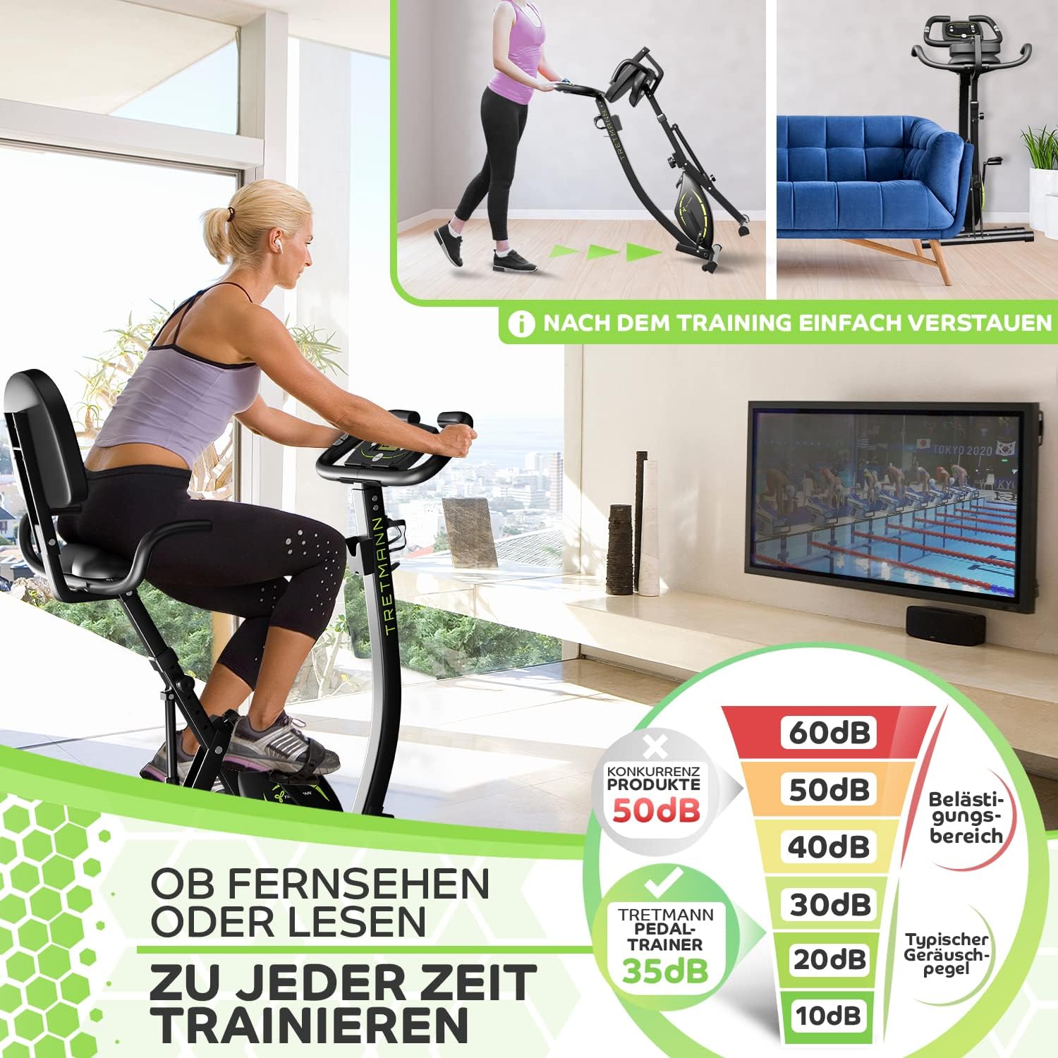 Tretmann NEU 3in1 Heimtrainer Fahrrad klappbar -extra leise & komfortabel - [SoftFoam] DEKRA geprüft - mit tiefem Einstieg Hometrainer Fahrrad Ergometer heimtrainer klappbar zuhause fitnessbikes