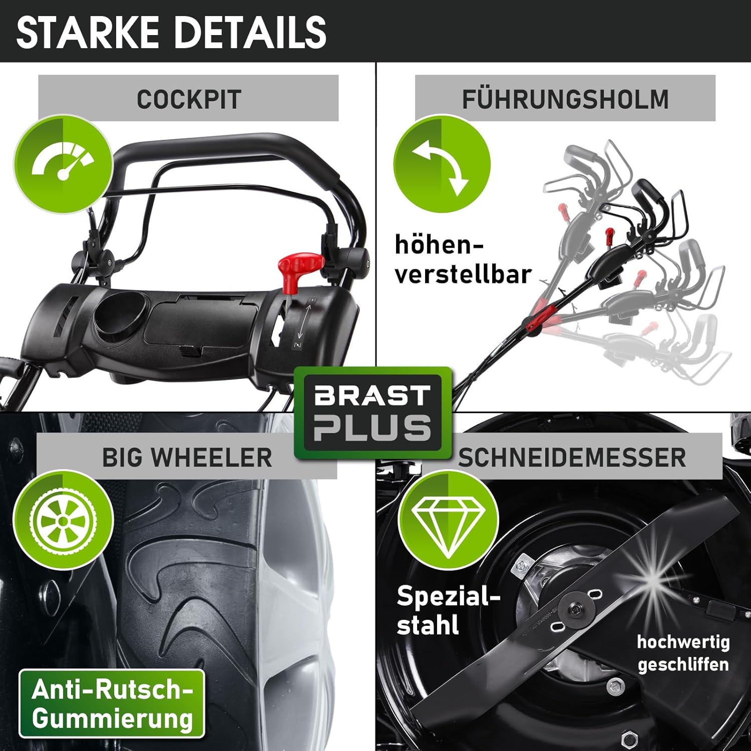 BRAST Benzin Rasenmäher mit Antrieb | 5,2kW(7PS) | Elektrostart | 48cm Schnittbreite | viele Modelle | TÜV | 4 Takt OHV Motor | 30-80mm Schnitthöhe | 60L Fangkorb | Stahlgehäuse | 19224 ESTART Speed