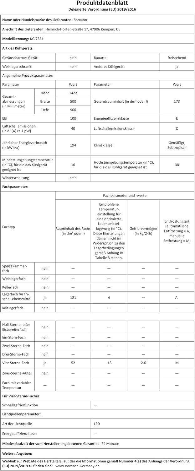 Bomann® Kühlschrank mit Gefrierfach 143cm hoch | Kühl Gefrierkombination 173L mit 3 Ablagen & 3 Schubladen | Türanschlag wechselbar | leise Kühlgefrierkombi 40db | Kühlschrank | KG 7331 inox