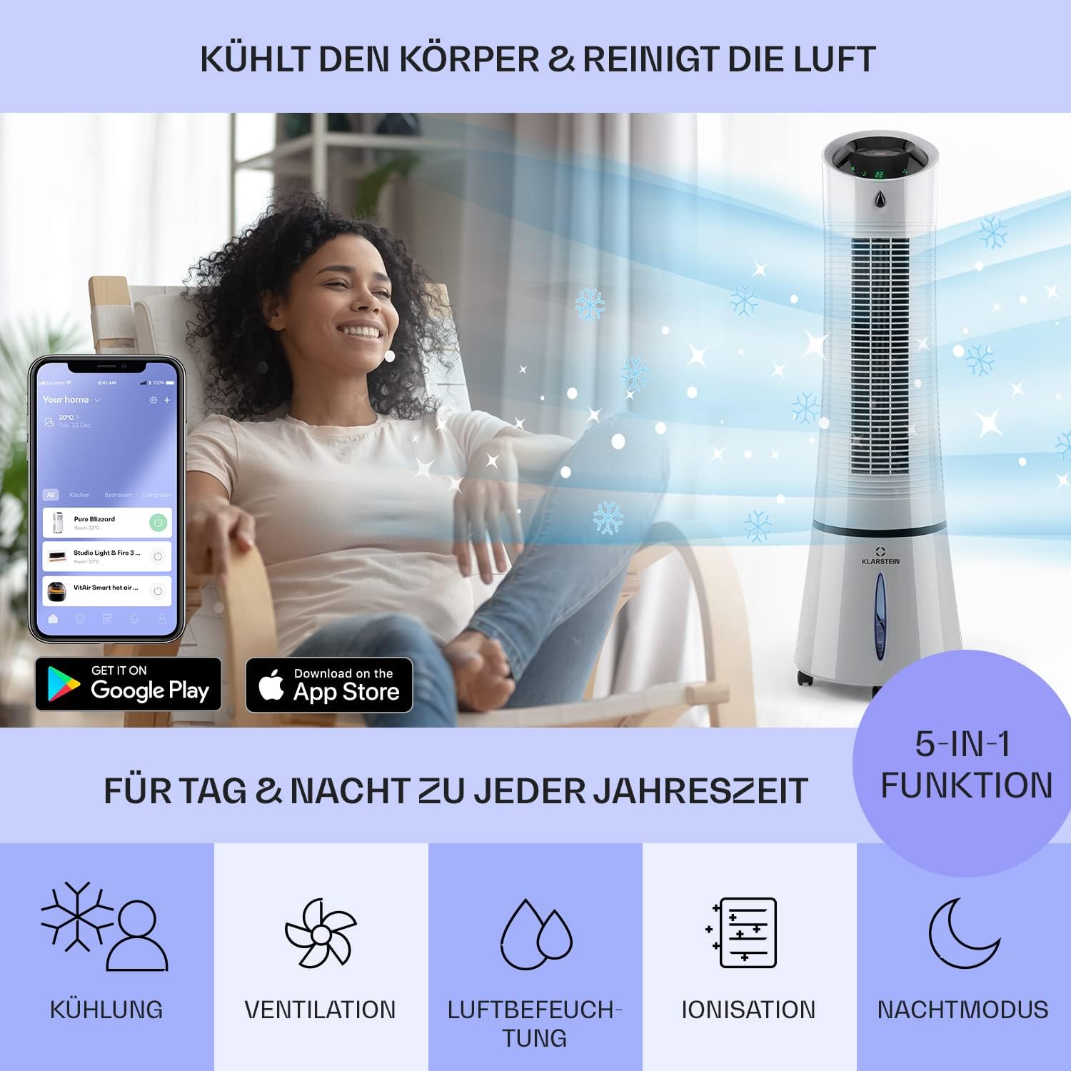Klarstein 4-in-1: Smart Luftkühler, Ventilator, Luftbefeuchter & Ionisation I 6 L Wassertank, Oszillation, 30 W, 210 m³/h, Timer I Klimagerät ohne Abluftschlauch, Mobiles Klimagerät, Schwarz-Rosegold