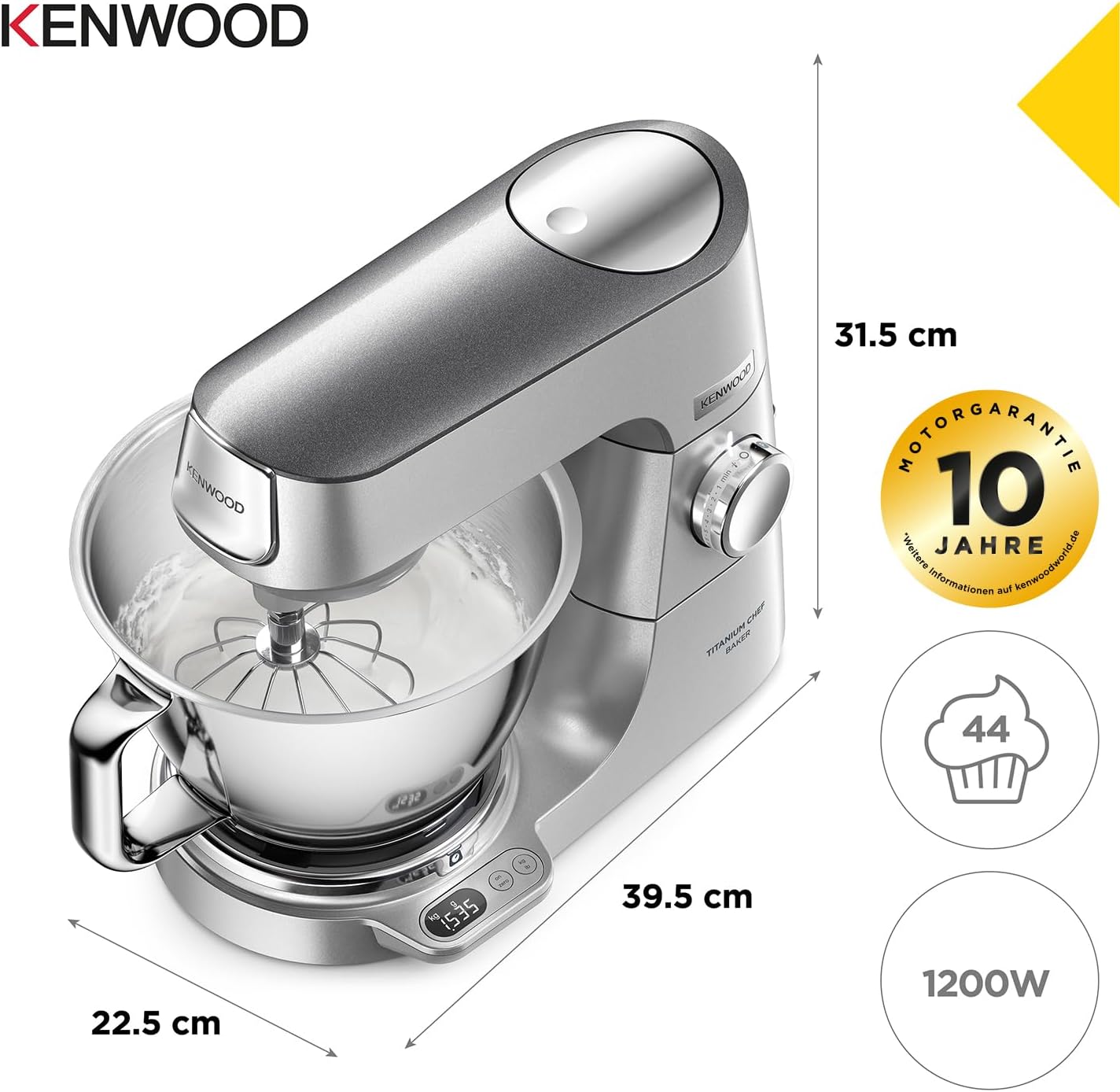 Kenwood Titanium Chef Baker KVL85.424SI Küchenmaschine mit integrierter Waage, inkl. 4-teiligem Patisserie-Set, 7 L und 5L Rührschüssel, stufenloser Geschwindigkeitsregler, 1200 W, Silber