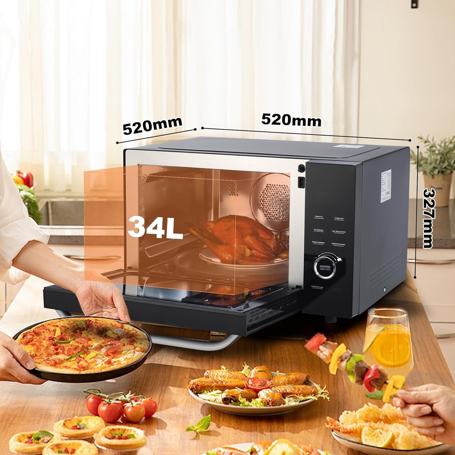 Techomey 4 IN 1 Mikrowelle mit Grill 34L, 1000W Mikrowelle mit Grill und Heißluft, Konvektions Mikrowelle 2400W, Mikrowelle mit Grill 2400W, Kombi Mikrowelle, ECO-Modus, Edelstahl