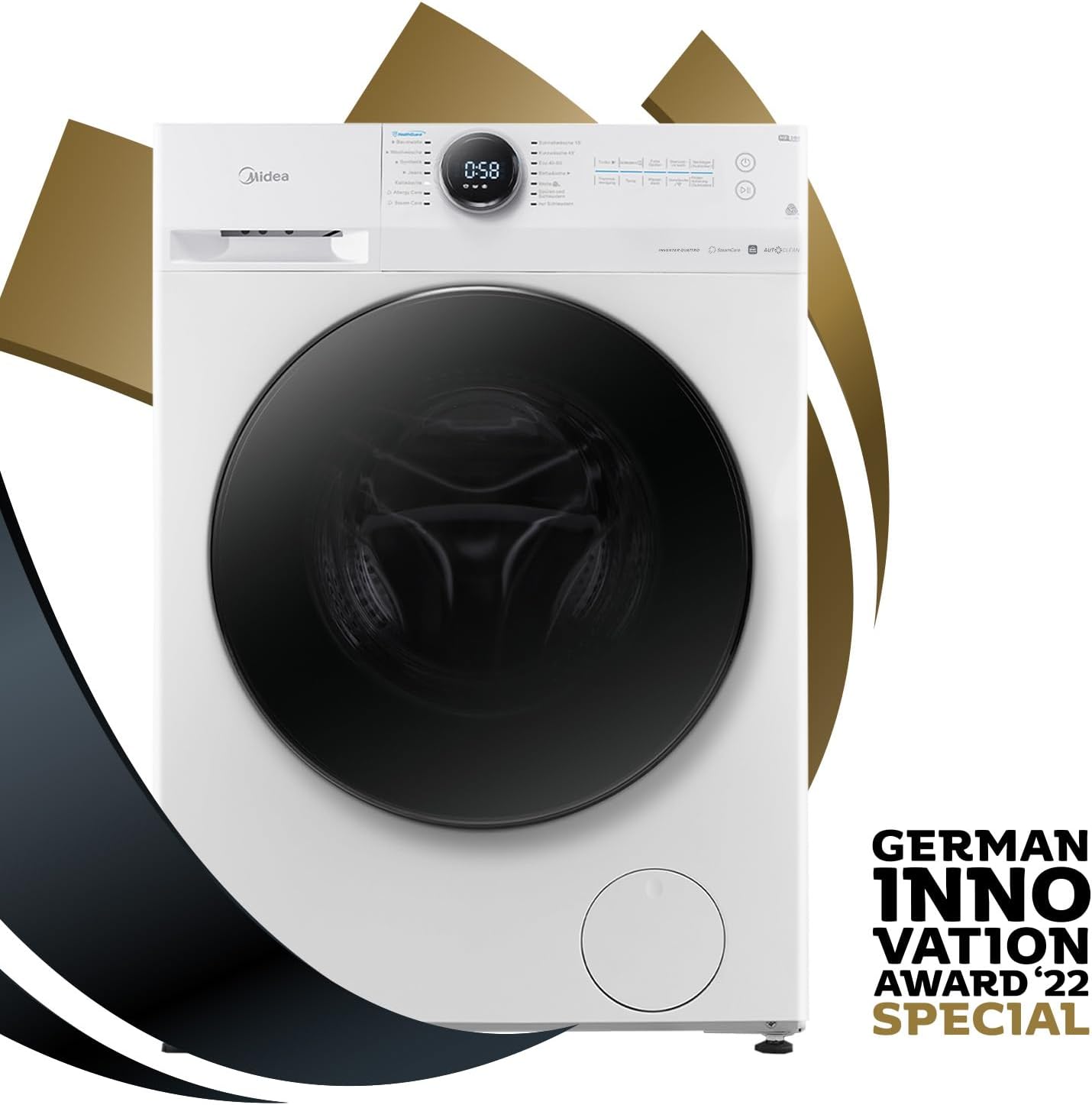 Midea MF200W90WB-14A Waschmaschine / 9KG / A/Leiser & effizienter Inverter Motor/HealthGuard-System/Steam Care/Nachlegefunktion/APP-Steuerung/AquaStop, Weiß