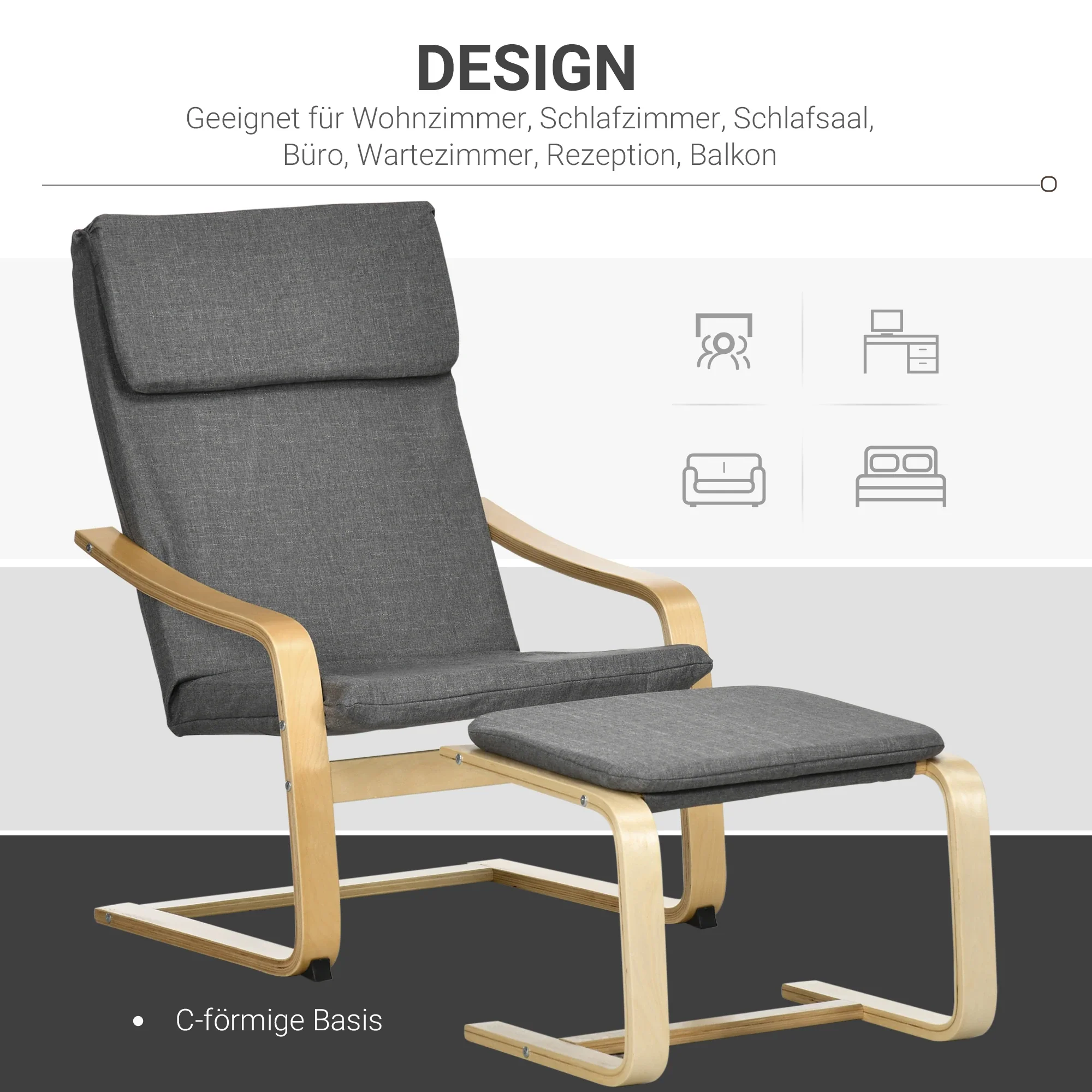 HOMCOM Relaxsessel mit Fußhocker, Leinenbezug Grau, 66,5×80×99 cm