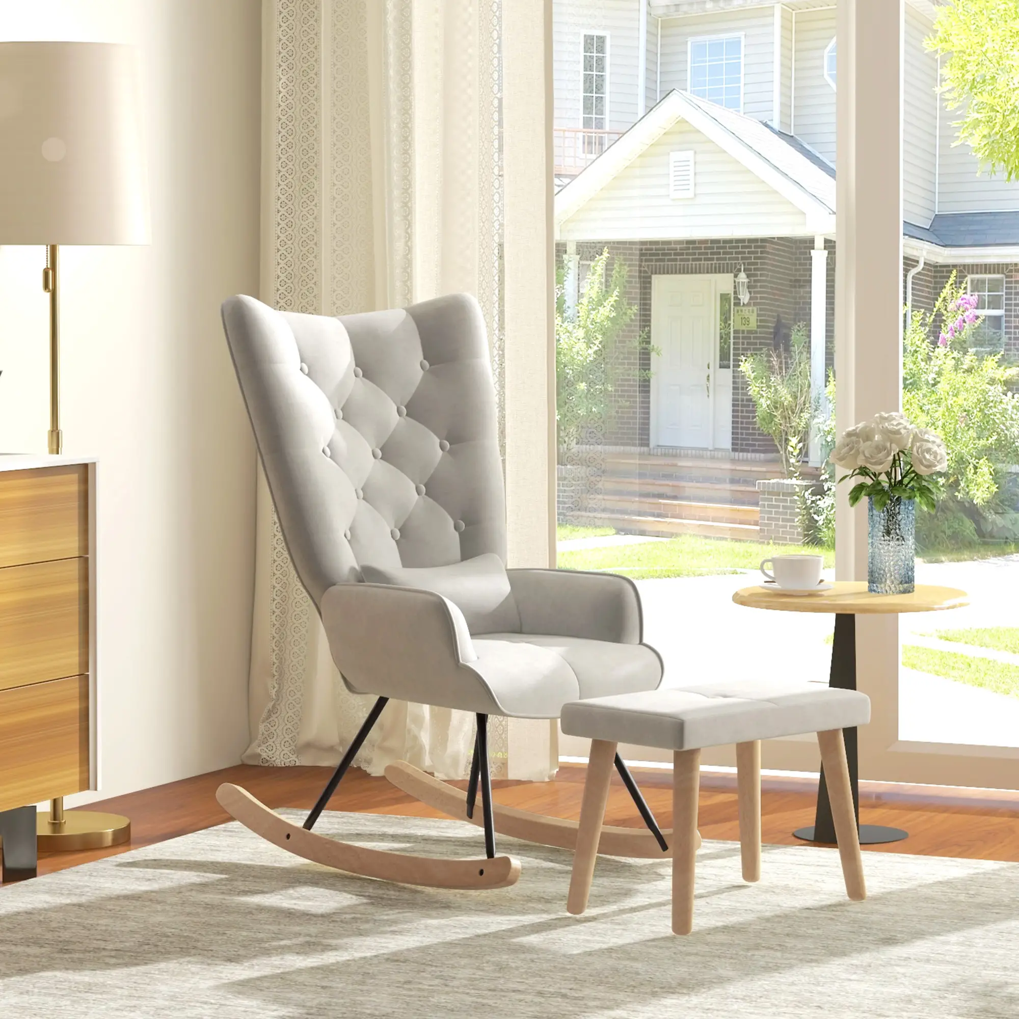 HOMCOM Relaxsessel mit Hocker Schaukelstuhl Set Samt Cremeweiß