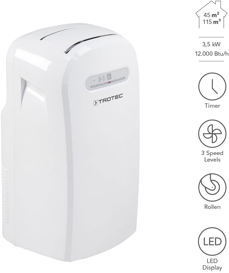 TROTEC PAC 2100 X mobile Klimaanlage 3-in-1 Kühlung, Ventilation, Entfeuchtung Monoblock-Klimagerät 2 kW 7.000 BTU/h für Raumgrößen bis 26 m² und 65 m³ 2 Ventilationsstufen