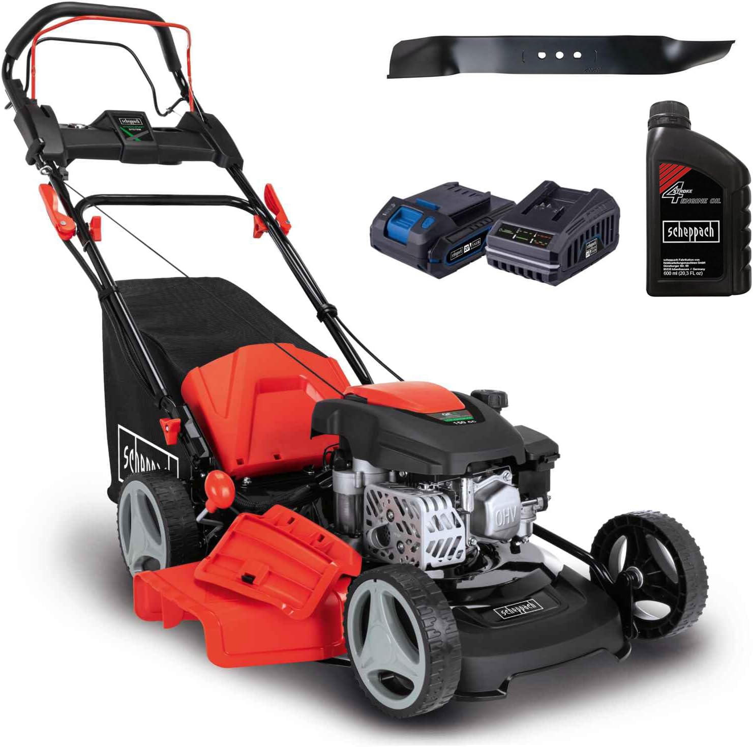 Scheppach MS150-46E Benzin Rasenmäher mit E-Start | 46cm Schnittbreite | Reinigungsfunktion | 55 Liter Fangkorb | Stahlgehäuse | 7-stufige Höhenverstellung | Mulchfunktion | Radantrieb | Seitenauswurf