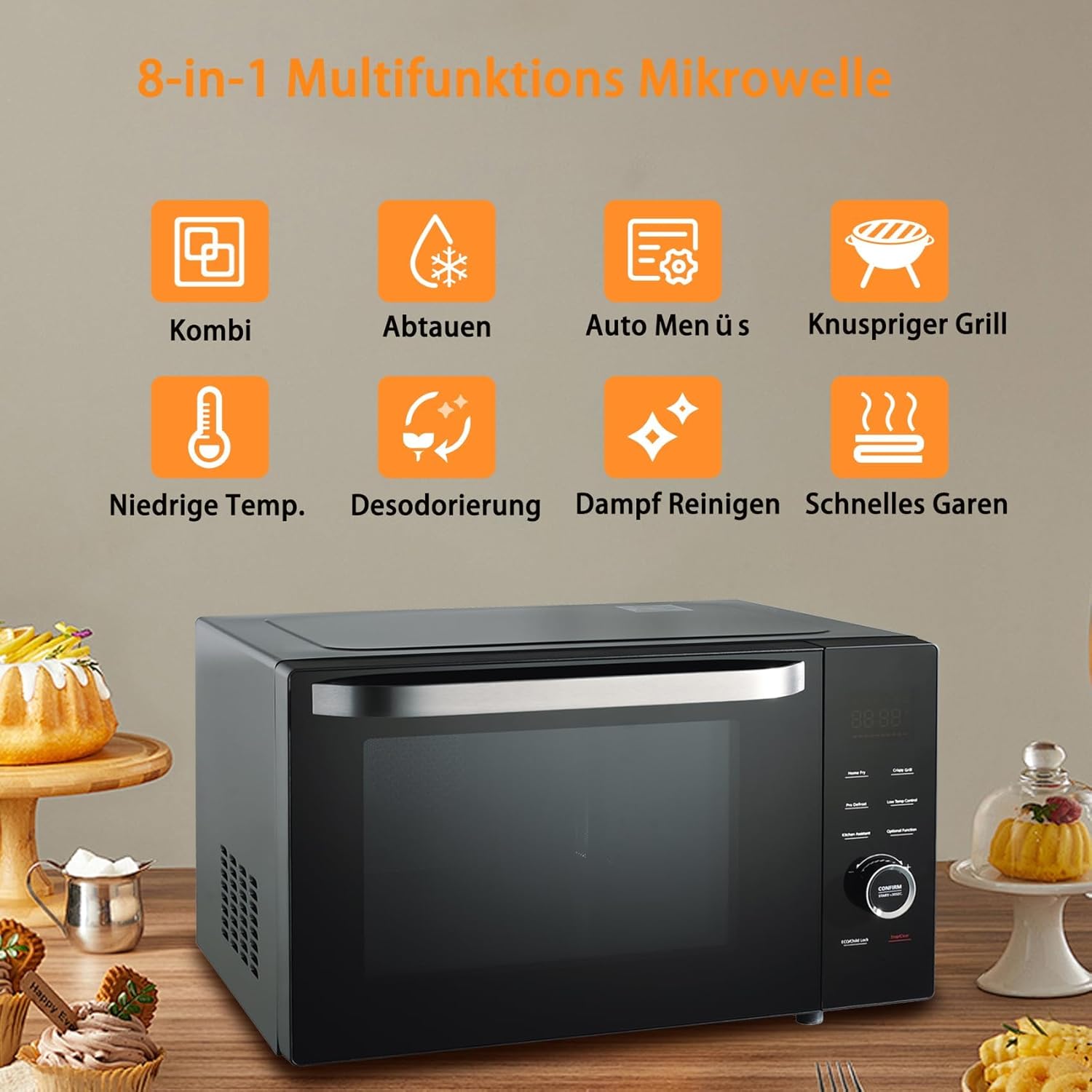 Techomey 4 IN 1 Mikrowelle mit Grill 34L, 1000W Mikrowelle mit Grill und Heißluft, Konvektions Mikrowelle 2400W, Mikrowelle mit Grill 2400W, Kombi Mikrowelle, ECO-Modus, Edelstahl