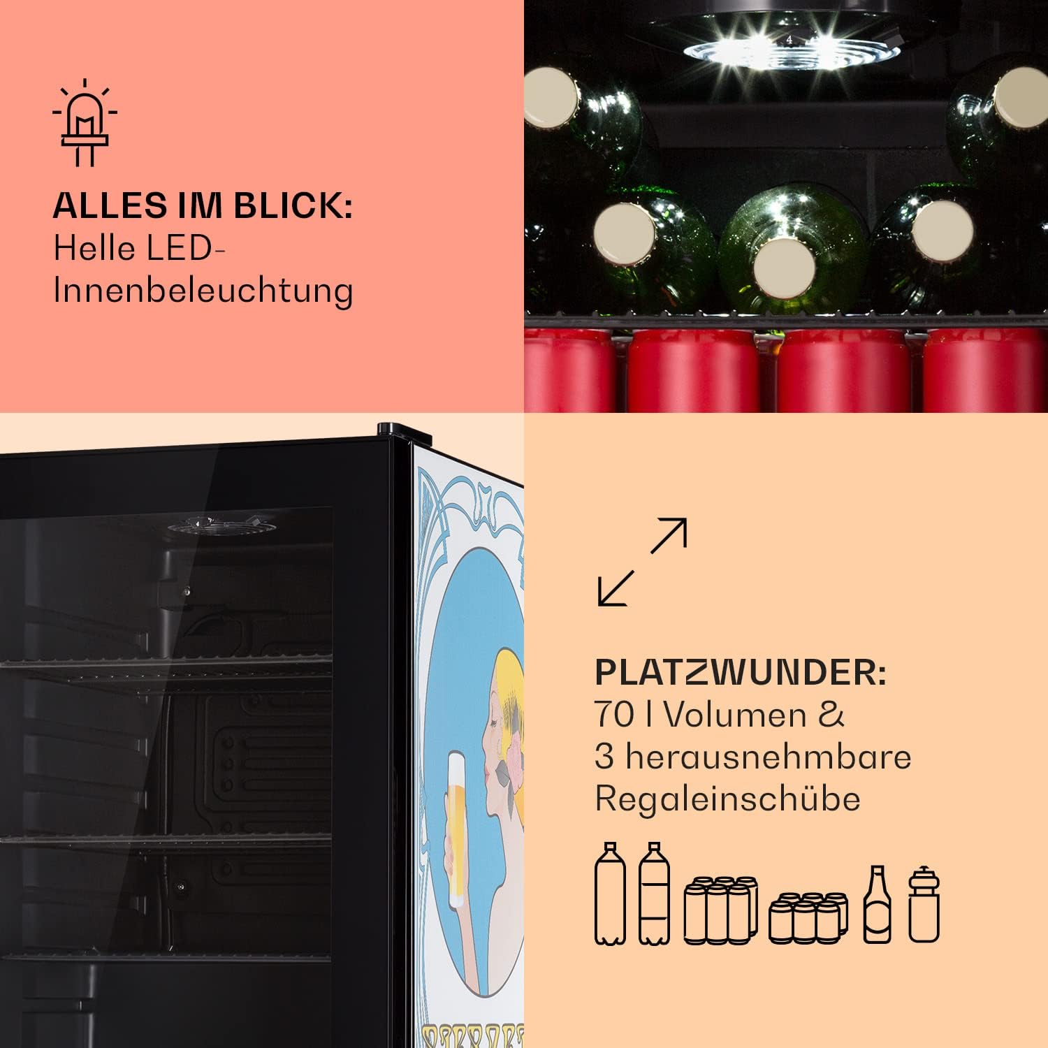 Klarstein Kühlschrank 70L, Kleiner Kühlschrank mit Herausnehmbaren Ablagen, Leiser Mini Kühlschrank mit Glastür & LED, Getränkekühlschrank Klein, Outdoor Geeignet, Biersafe für Flaschen, 0-10°C