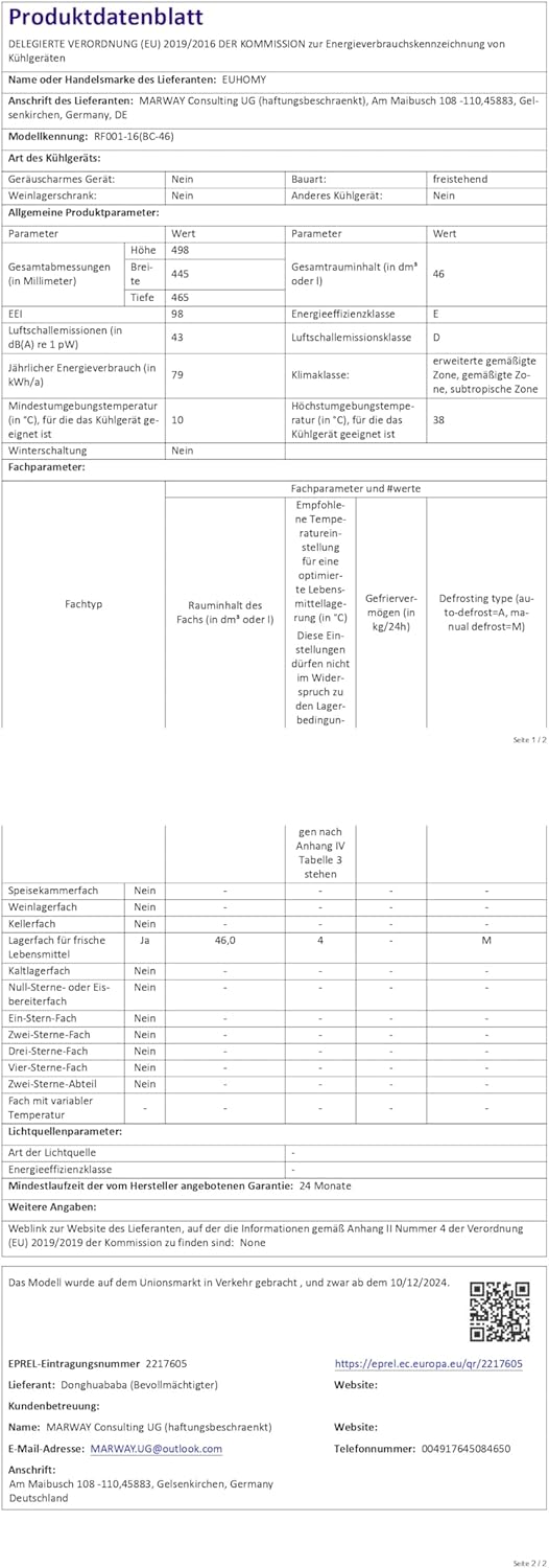EUHOMY 46L Mini-Kühlschrank mit Umkehrbarer Tür, 7-Stufen Thermostat + Kühlbox, 39dB Ultra-Leise Kühlschrank klein für Schlafzimmer/Büro, Energieeffizient, Kompakt (Schwarz)
