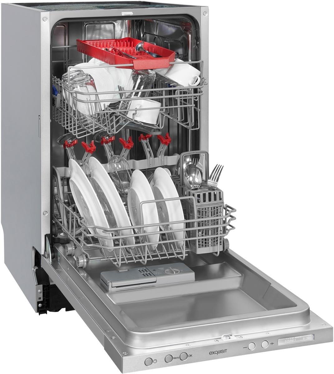 Exquisit Geschirrspüler, Spülmaschine, 45 cm Breite, Teilintegriert, 9 Maßgedecke, 9 Liter, Startzeitvorwahl, ECO-Modus, Geschirrspüler 45 cm, EGSP51009-EB-030E inox