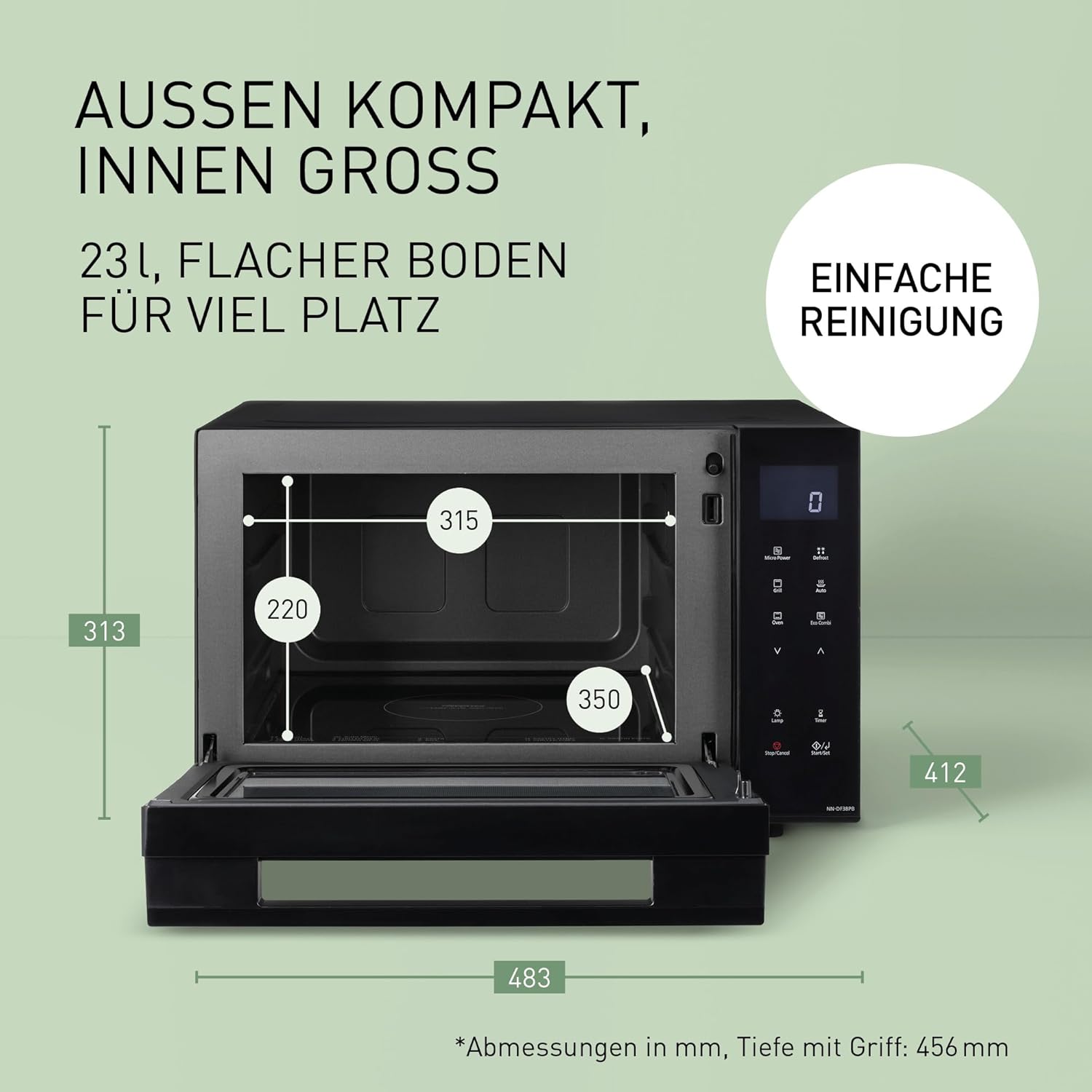 Panasonic NN-DF38PBEPG Kombi-Mikrowelle & Grill, 1000 W, 23 l, Inverter-Tech, Eco Kombi Modus, Flachbett, 16 Auto-Programme & Auftau-Modi, emailliertes Blech, Gitterrost, leichte Reinigung, Schwarz