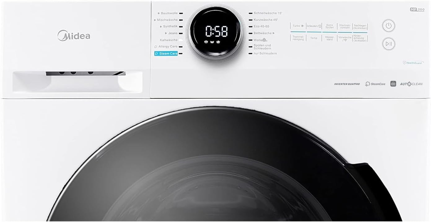 Midea MF200W90WB-14A Waschmaschine / 9KG / A/Leiser & effizienter Inverter Motor/HealthGuard-System/Steam Care/Nachlegefunktion/APP-Steuerung/AquaStop, Weiß