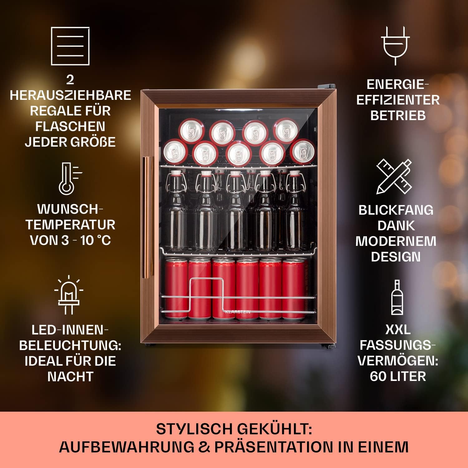 Klarstein Mini Kühlschrank mit Glastür für Zimmer, Getrnkekühlschrank mit Verstellbaren Ablagen, Kleiner 80 Liter, Indoor/Outdoor Kühlschrank Leise