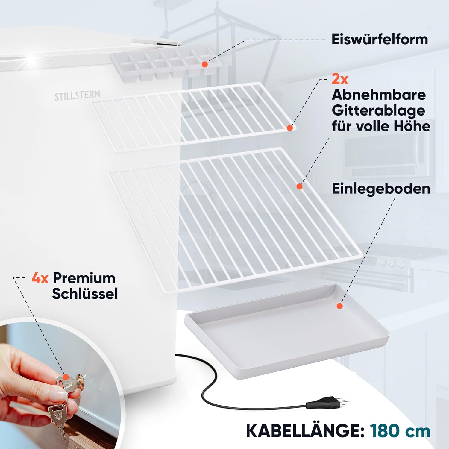 Stillstern Mini Gefrierschrank (42L) -18°C, Eiswürfelschale, Schloss, Türanschlag wechselbar, 4-Sterne Tiefkühlschrank für Camping/Büro Gefriertruhe Klein Gefrierschrank Klein Tiefkühltruhe