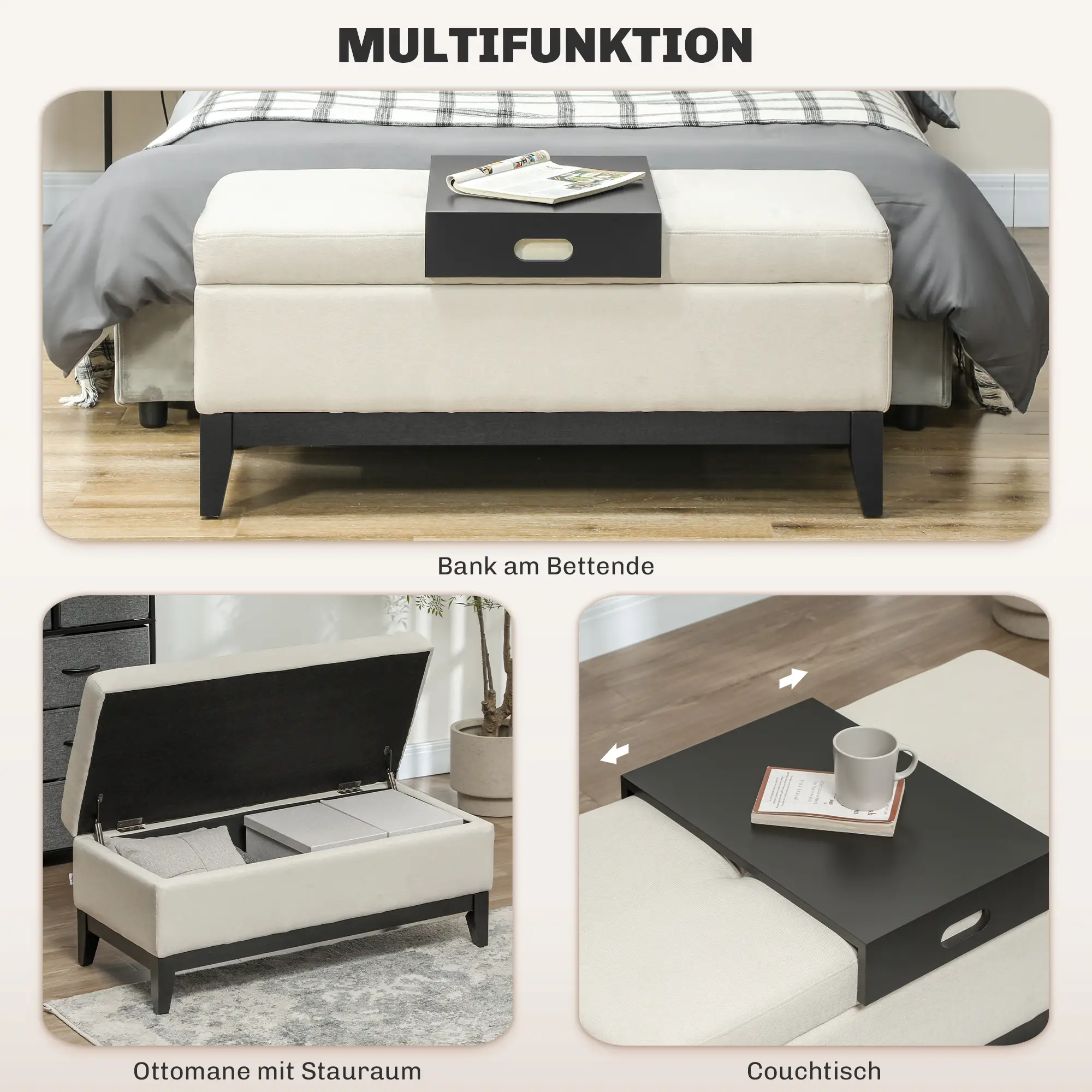 HOMCOM Sitzbank mit Stauraum und Tablett cremeweiß