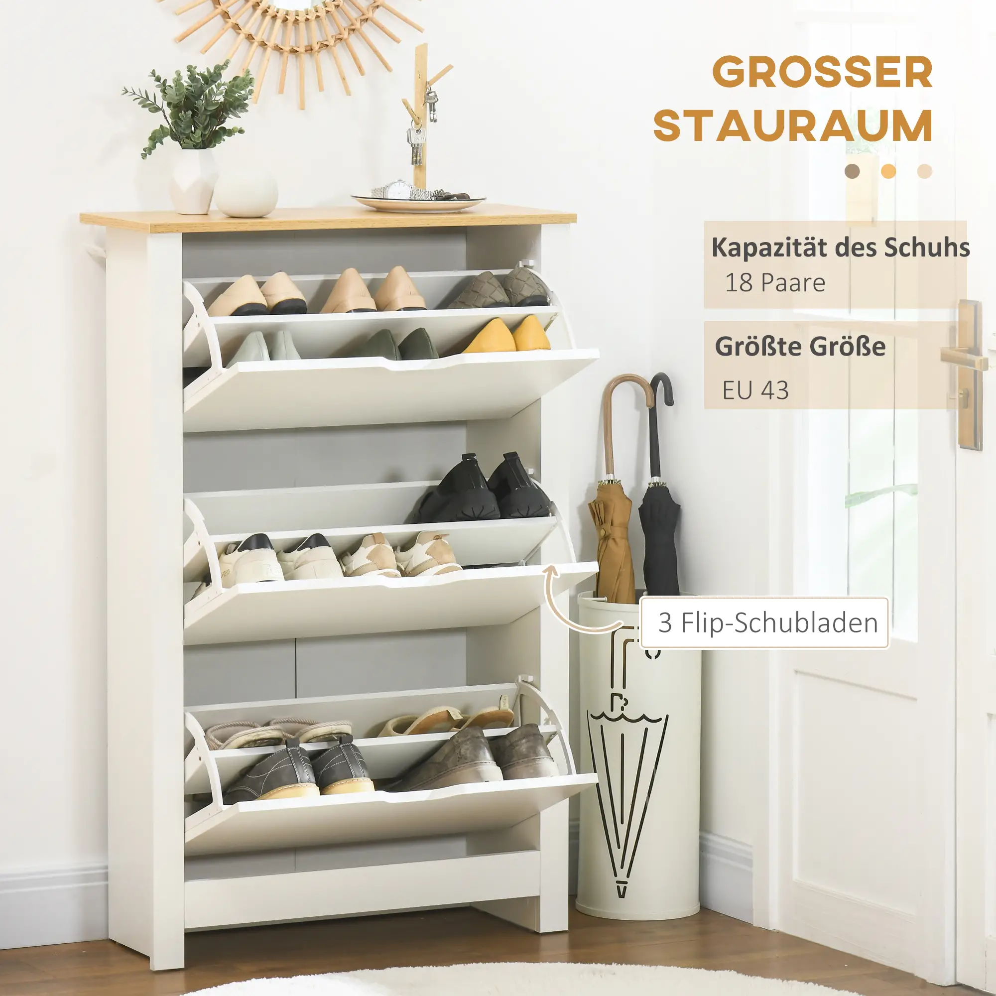 HOMCOM Schuhschrank 3 Klappen für 18 Paar Schuhe Weiß Naturholz