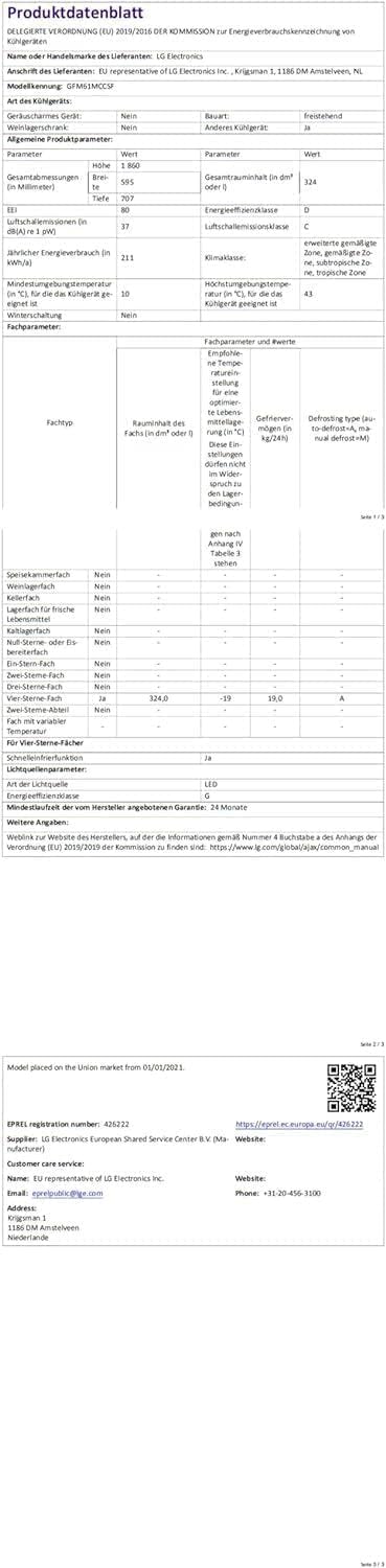 LG GLM71MCCSX, Klasse C, 386 L, Kühlgerät mit Touchdisplay, XXL-Stauraum, DoorCooling+, WiFi - Matte Black
