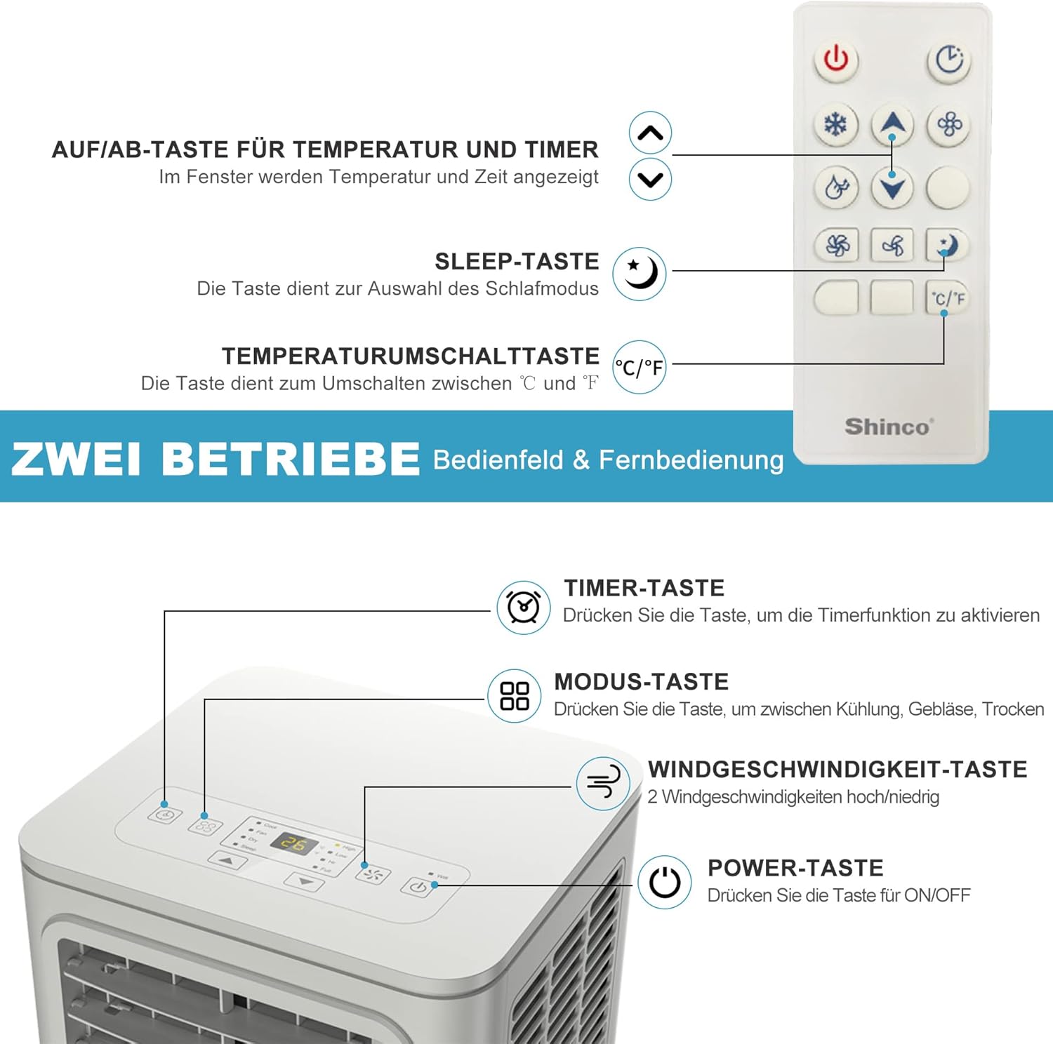 SHINCO Mobile Klimaanlage mit Abluftschlauch, 12000BTU, Kühlung&Heizung&Ventilieren&Entfeuchten, Mobiles Klimagert mit Fenstermontage-Kit, 24H-Timer, APP, für Rume von etwa 90m