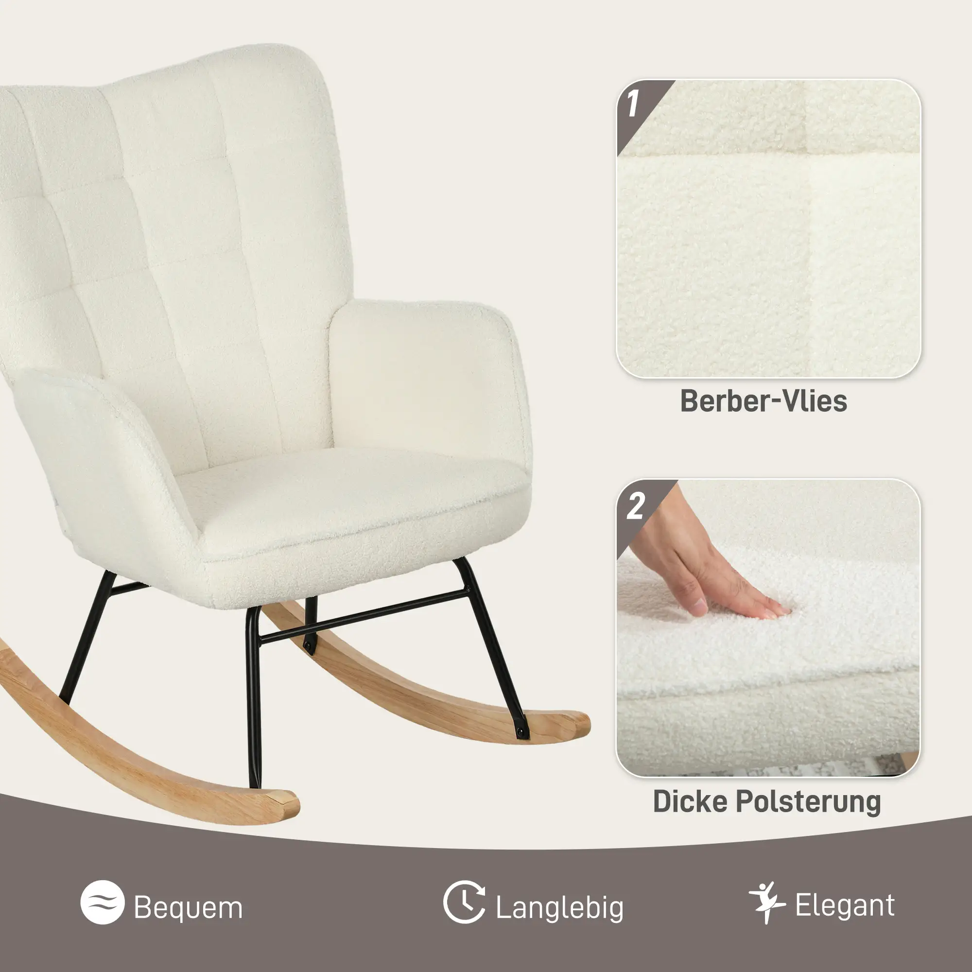 HOMCOM Schaukelstuhl Berbervliesoptik Holzkufen Weiß Entspannung