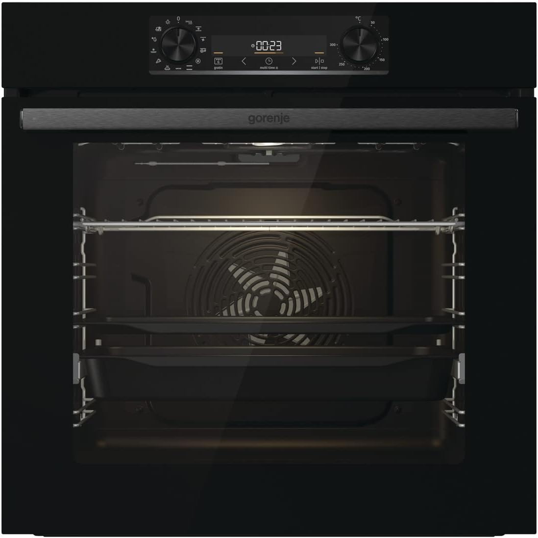 Gorenje 738971 Einbaubackofen-Set OptiBake Black Steam Pyro Set / 77L / Heißluft/Pyrolyse/ExtraSteam/GentleClose/AirFry/Pizzamode 300°C/PerfectGrill/Induktions-Kochfeld mit BridgeZone/schwarz