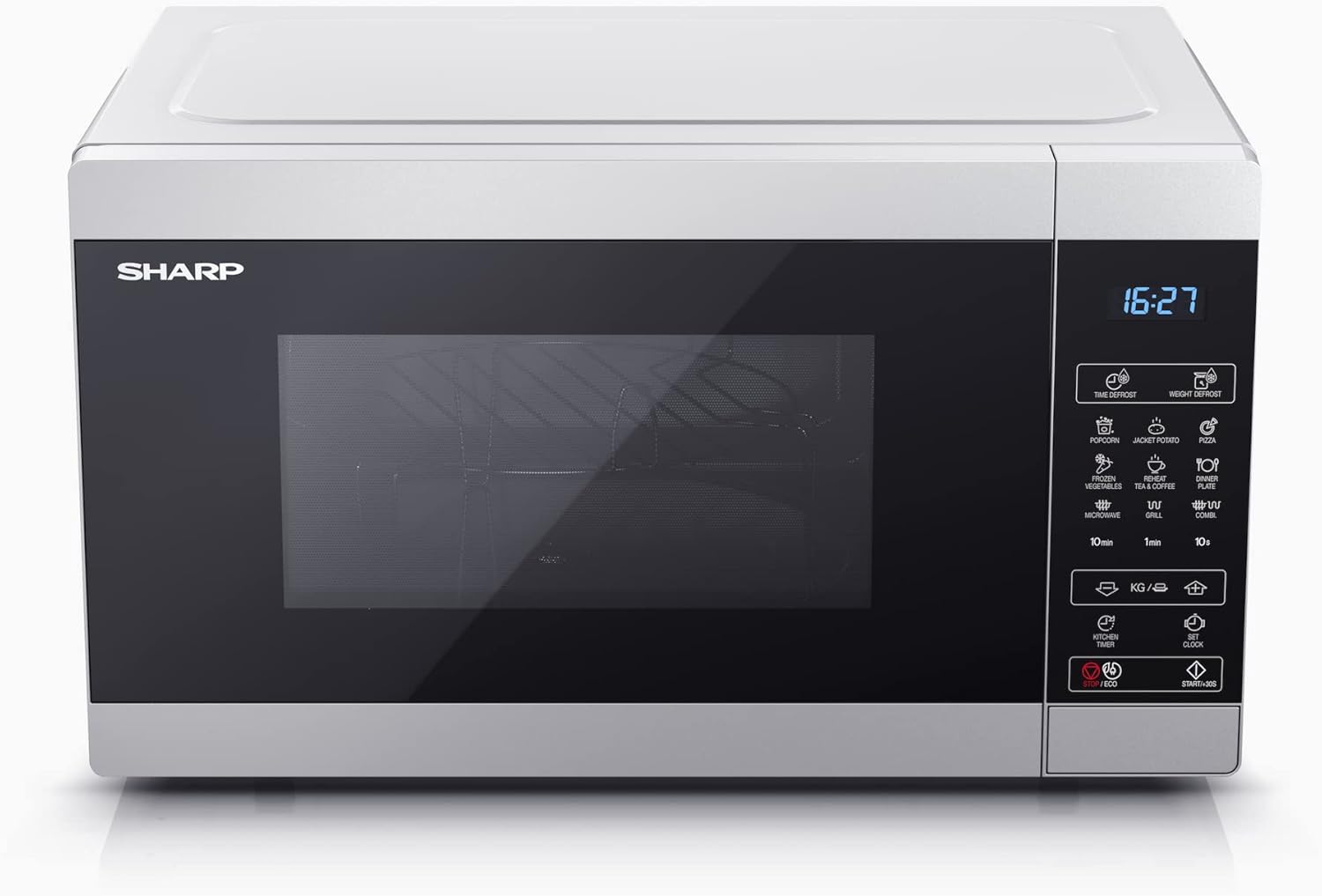 SHARP MG81ES Mikrowelle mit Grill (Mikrowelle: 900W, Grill: 1100W, 11 Leistungsstufen, Auftaufunktion, Abmessungen: 512x300x396cm, Emaille-Keramik-Garraum mit antibakteriellen Eigenschaften), silber